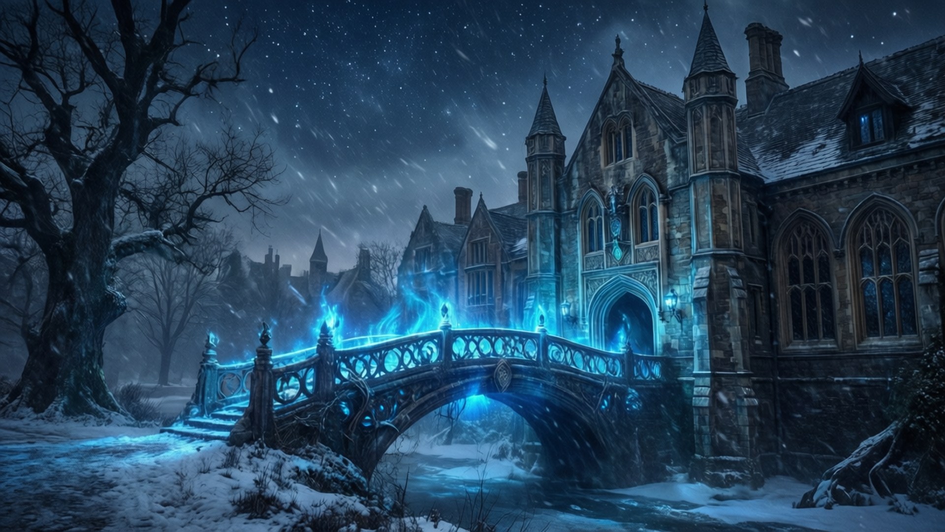 College of Winterhold 壁紙 — 一座被雪覆蓋的哥德式橋樑在星空下閃耀著藍色魔法，通往一座宏偉的城堡。