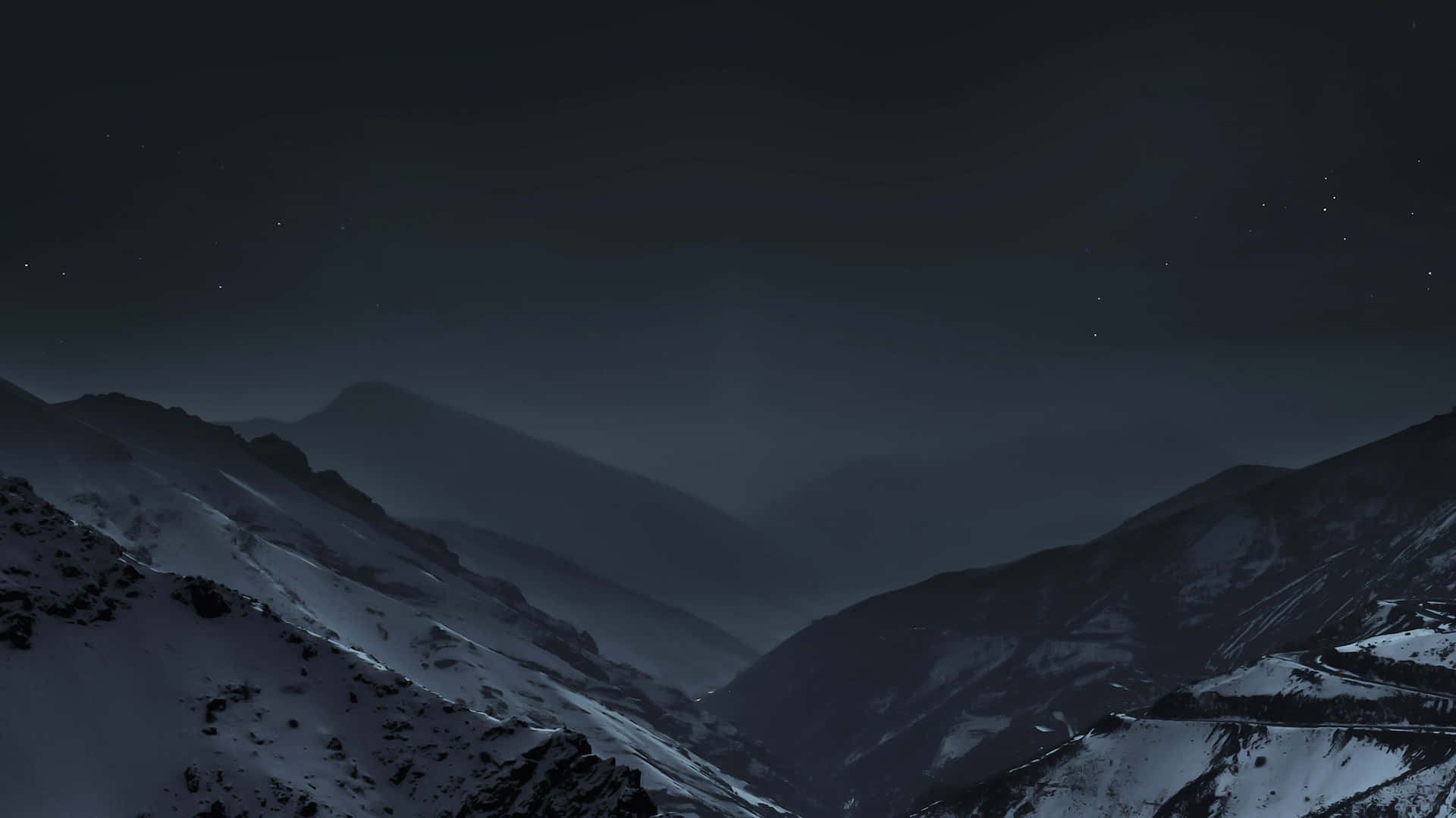 壁紙 — 白雪覆蓋的山峰，下方是星空下的霧氣山谷。