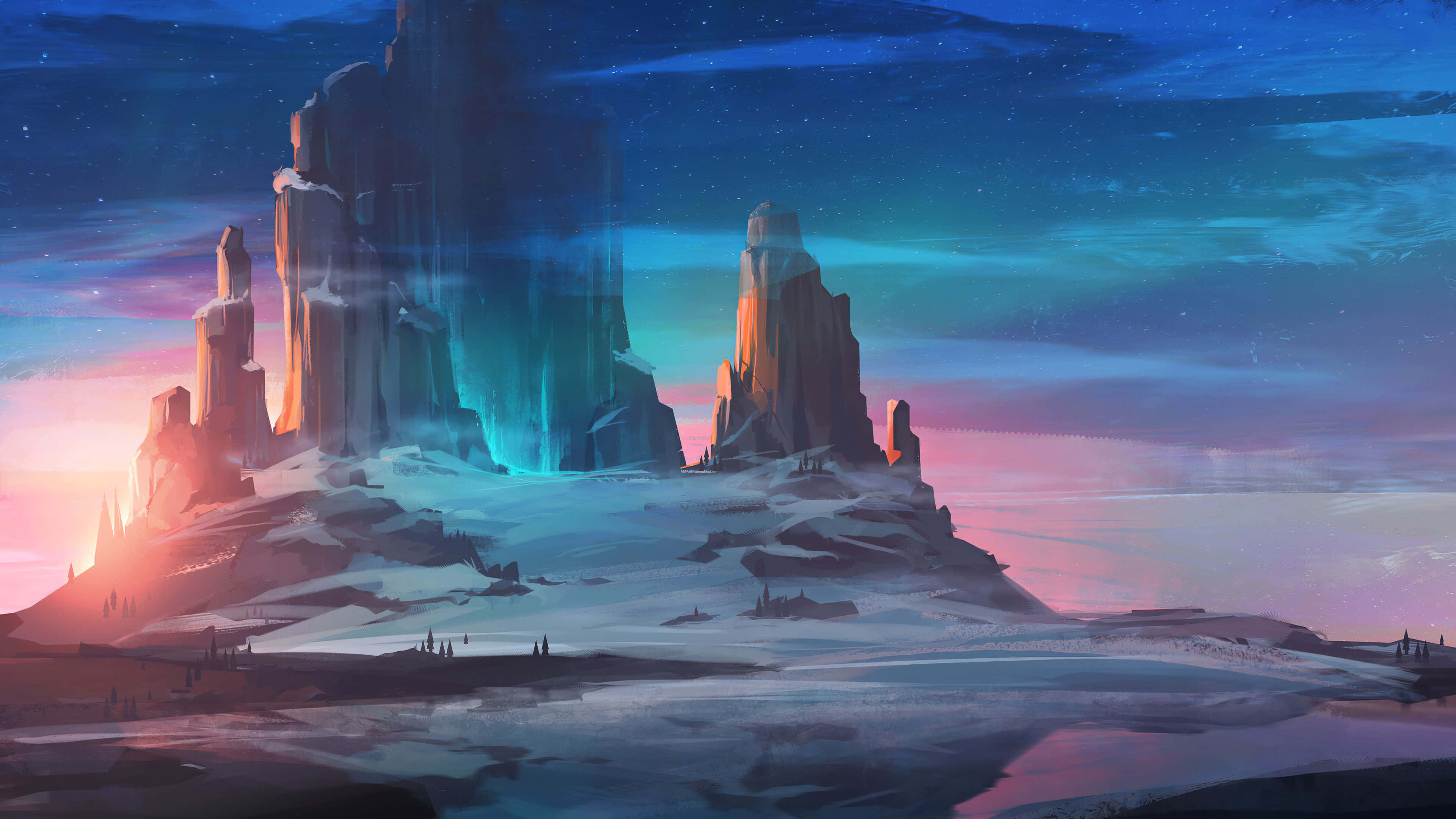 Beautiful Painting 桌布 壁紙 — 雄偉的雪山山脈在暮色天空下閃耀，伴隨著極光和星星。