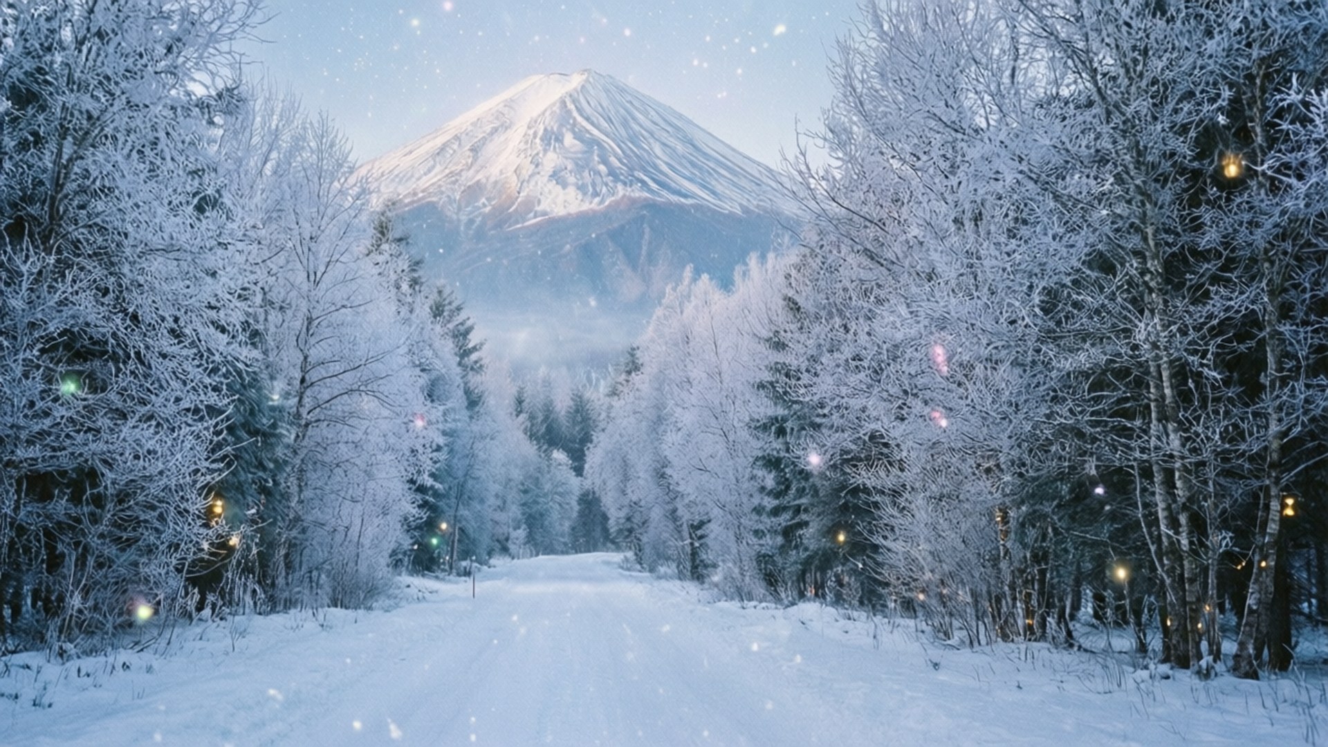 Magical Snowfall Path 壁紙 — 一條被雪覆蓋的道路蜿蜒穿過結霜的樹林，通向一座雄偉的雪山，天空柔和藍色，雪花飄落。