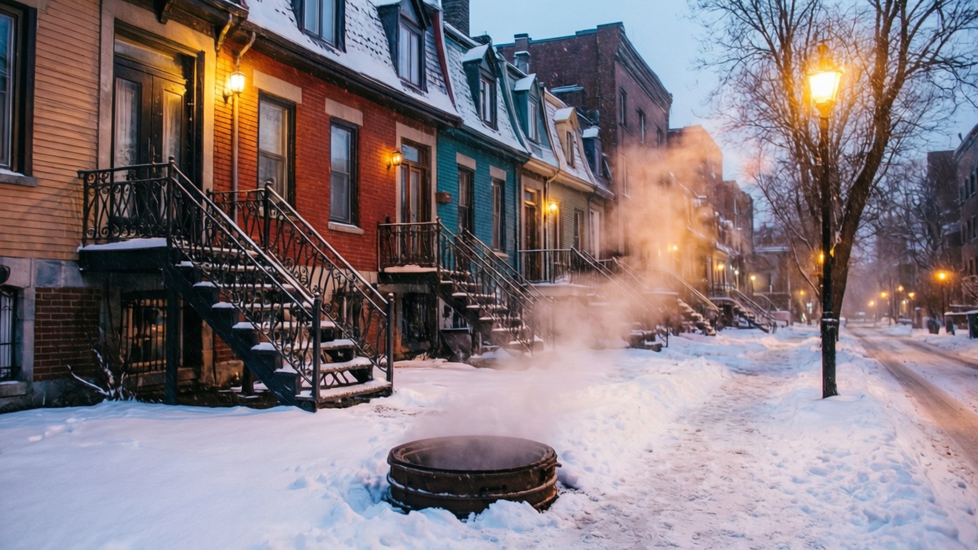Snowy Plateau Street 壁紙 — 白雪覆蓋一排色彩繽紛的聯排別墅，蒸氣從一個桶中升起，在溫暖街燈照亮的寧靜冬日街道上。