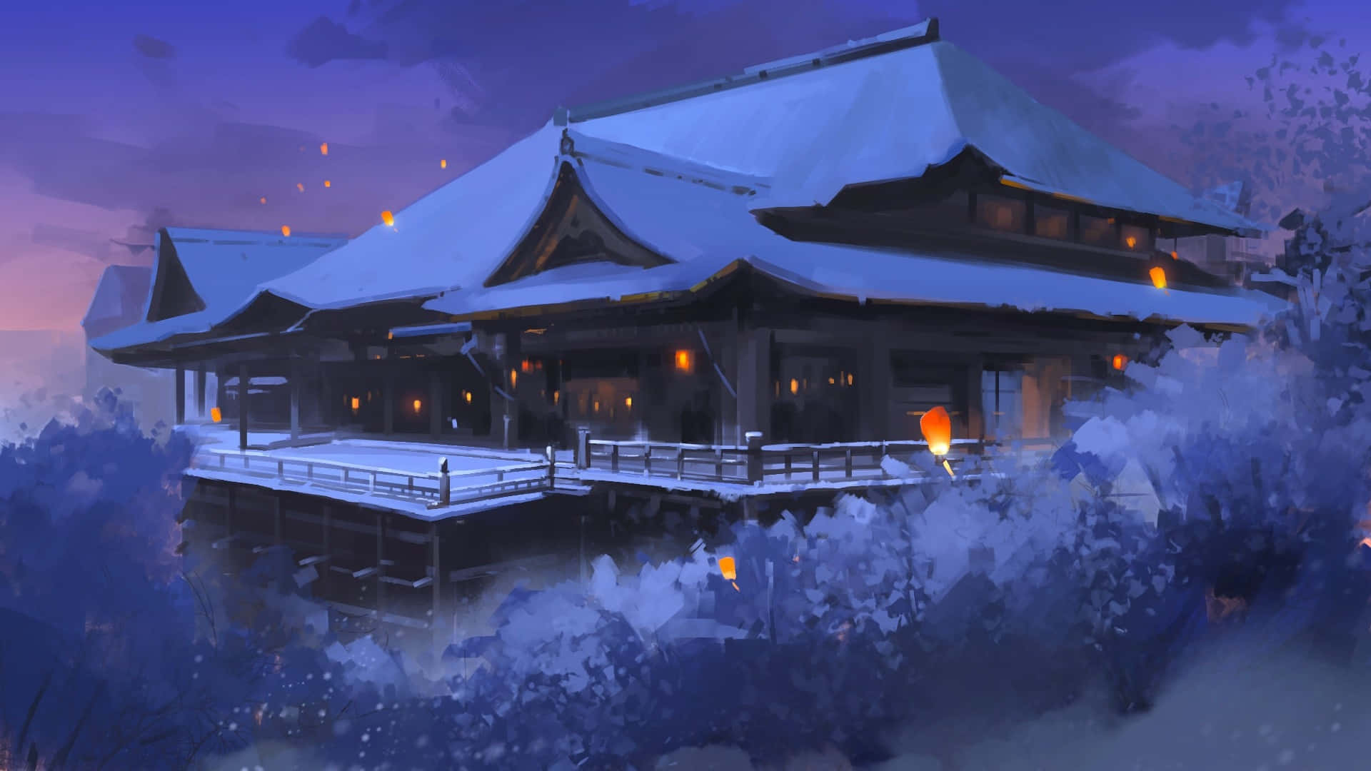  壁紙 — 一座被雪覆蓋的傳統日本寺廟在黃昏時溫暖地發光，燈籠照亮其木結構。