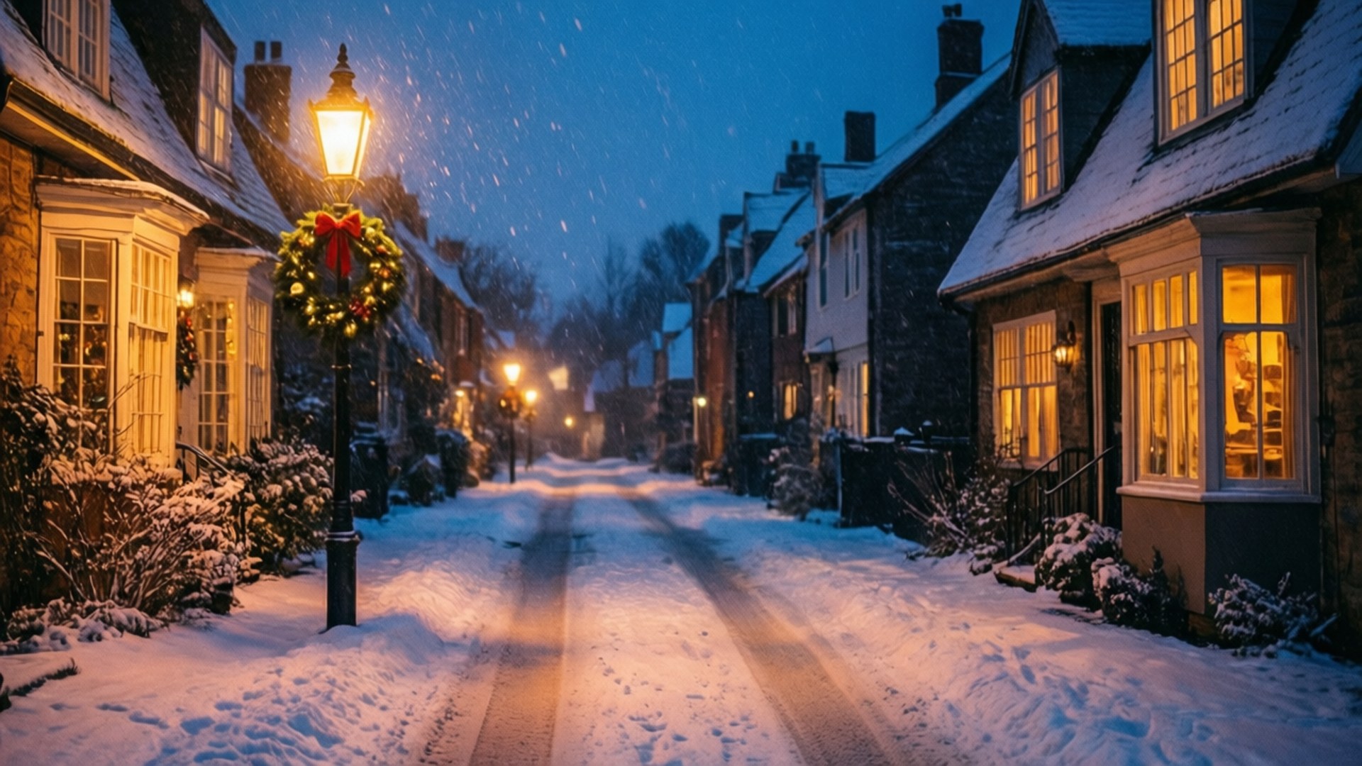Snowy Night Village 壁紙 — 白雪覆蓋著寧靜的村莊街道，黃昏時分，溫暖的燈光從窗戶透出，裝飾著花環的路燈散發出金色的光芒。