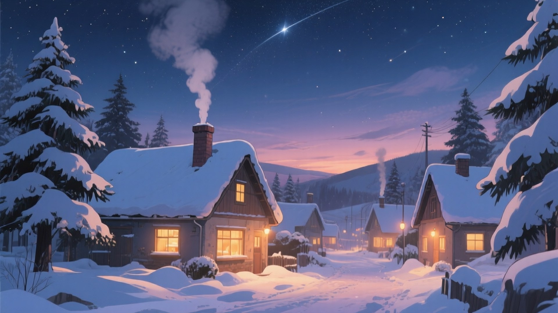 Snowy Village Evening 壁紙 — 白雪覆蓋舒適的小屋，在星光燦爛的暮色天空下，一顆流星劃過天際。