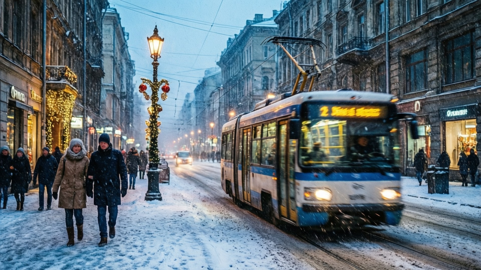 Urban Winter Evening 壁紙 — 黃昏時分，一條積雪的城市街道，一輛藍白相間的電車駛過，行人走過節日燈飾的燈柱。