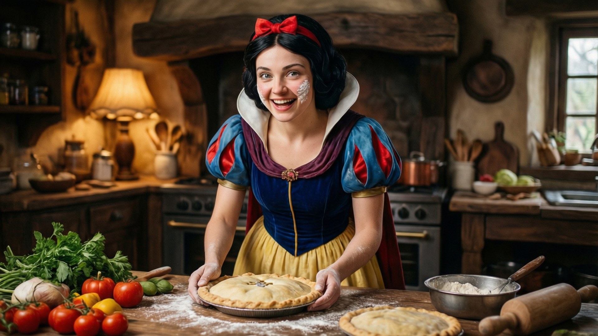 Baking Happiness 壁紙 — 白雪公主在鄉村風格的廚房裡自豪地展示新鮮出爐的餡餅，手上和臉上沾滿麵粉。