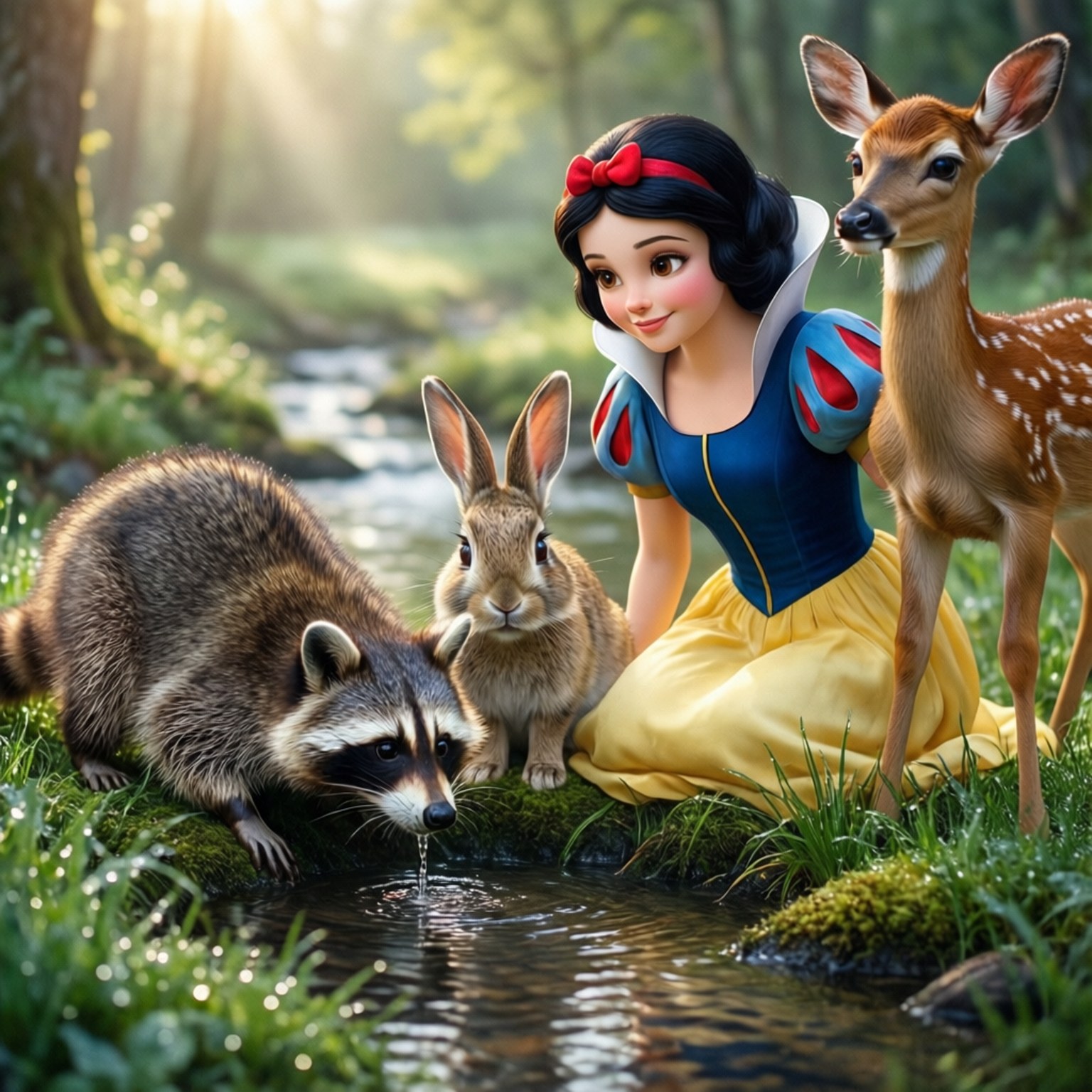Forest Companions 壁紙 — 白雪公主身穿藍黃色裙子坐在森林溪流旁，浣熊、兔子和幼鹿正在喝水，陽光穿過樹木照射下來。