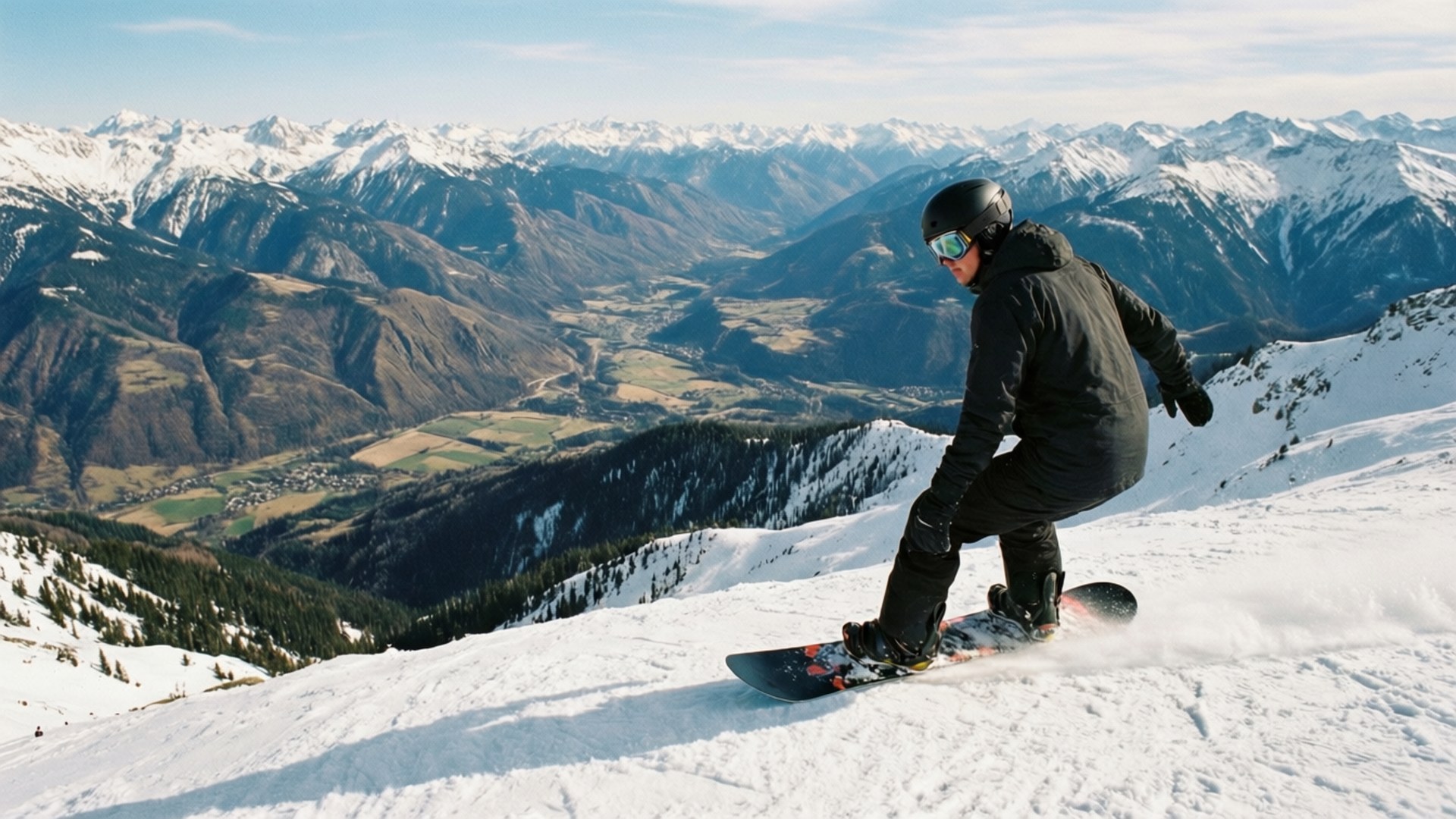 Ridgeline Panorama 壁紙 — 一名身穿黑色裝備的滑雪板運動員在白雪覆蓋的山坡上滑行，廣闊的阿爾卑斯山谷和積雪的山峰在清澈的藍天下延伸至遠方。