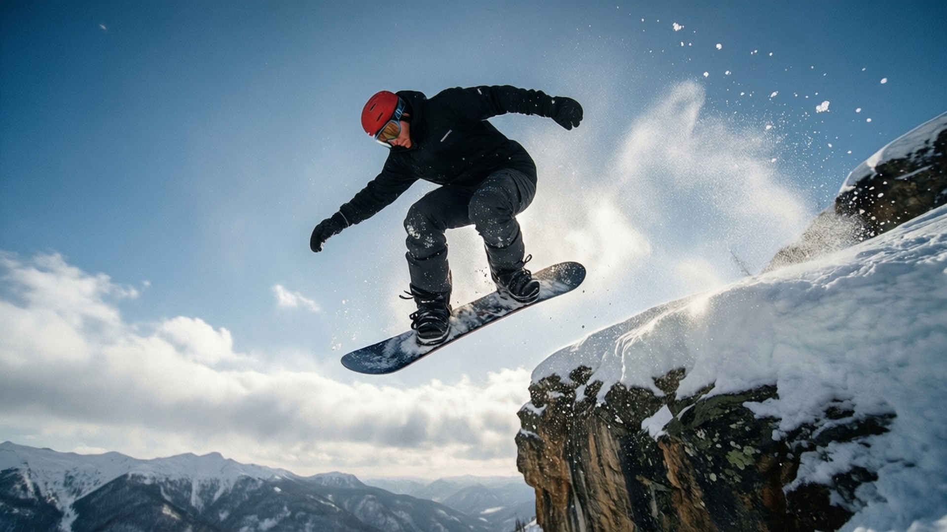 Cliff Jump 壁紙 — 一名身穿黑色裝備和紅色頭盔的滑雪板運動員從白雪覆蓋的懸崖上跳下，背景是明亮的藍天和白雲。
