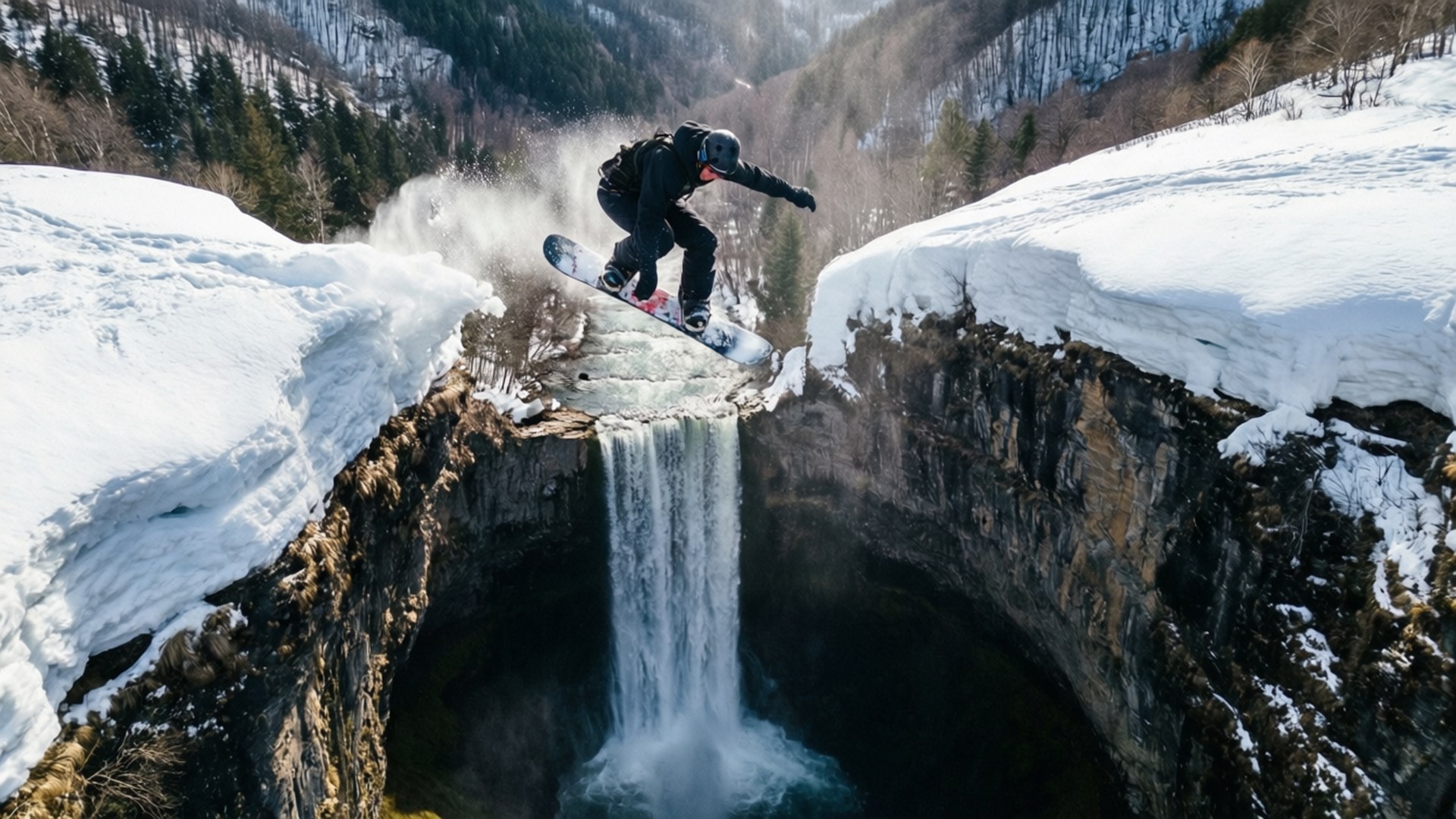 Snowboarding 桌布 壁紙 — 一名滑雪板運動員在白雪覆蓋的山谷中，飛躍過一個層疊的瀑布。
