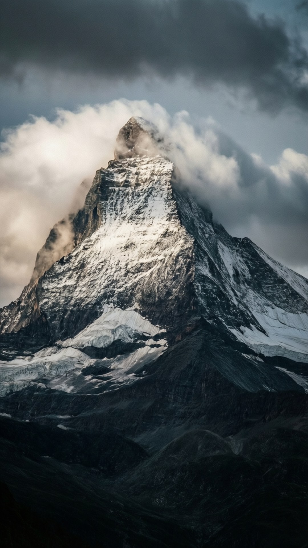 Towering Cloud Peak 壁紙 — 白雪覆蓋的山峰刺穿黑暗的暴風雲，薄霧在其鋸齒狀的山頂周圍旋轉。