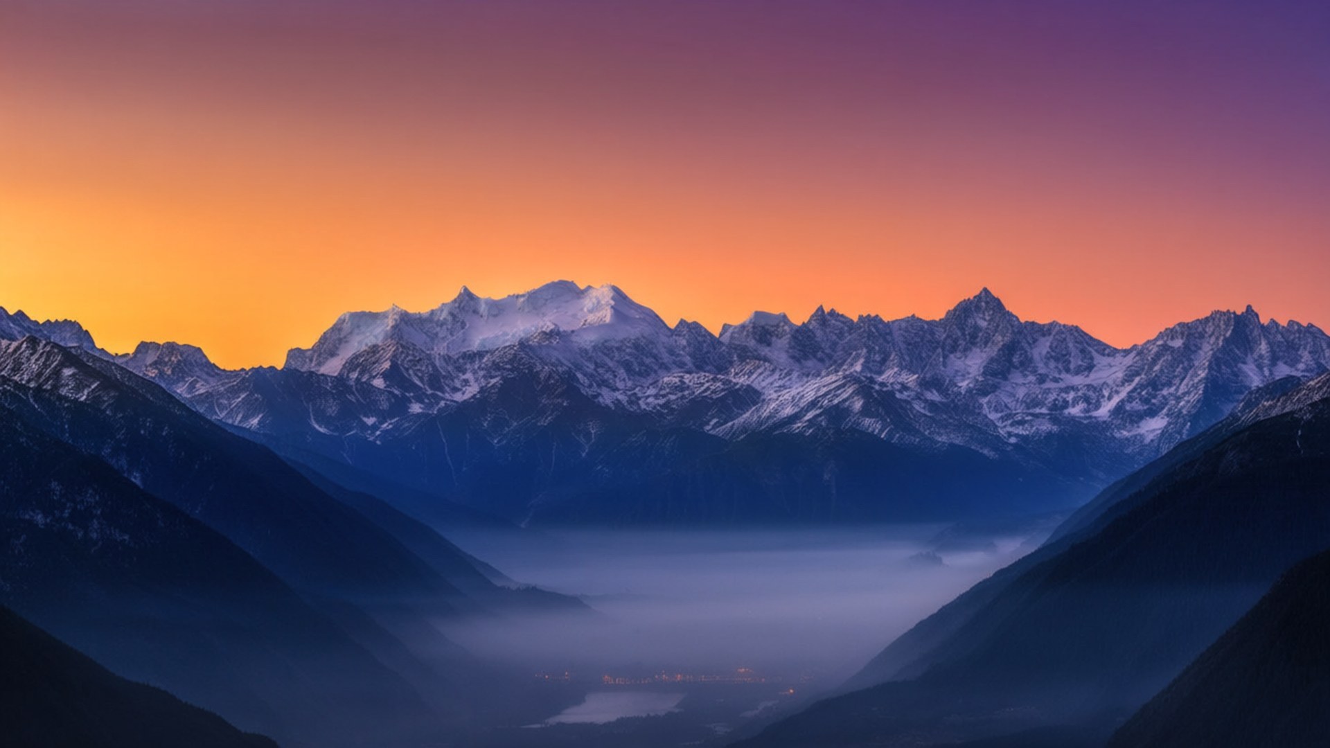 黎明時分白雪覆蓋的山脈，下方有霧氣繚繞的山谷 — 3440X1440 壁紙