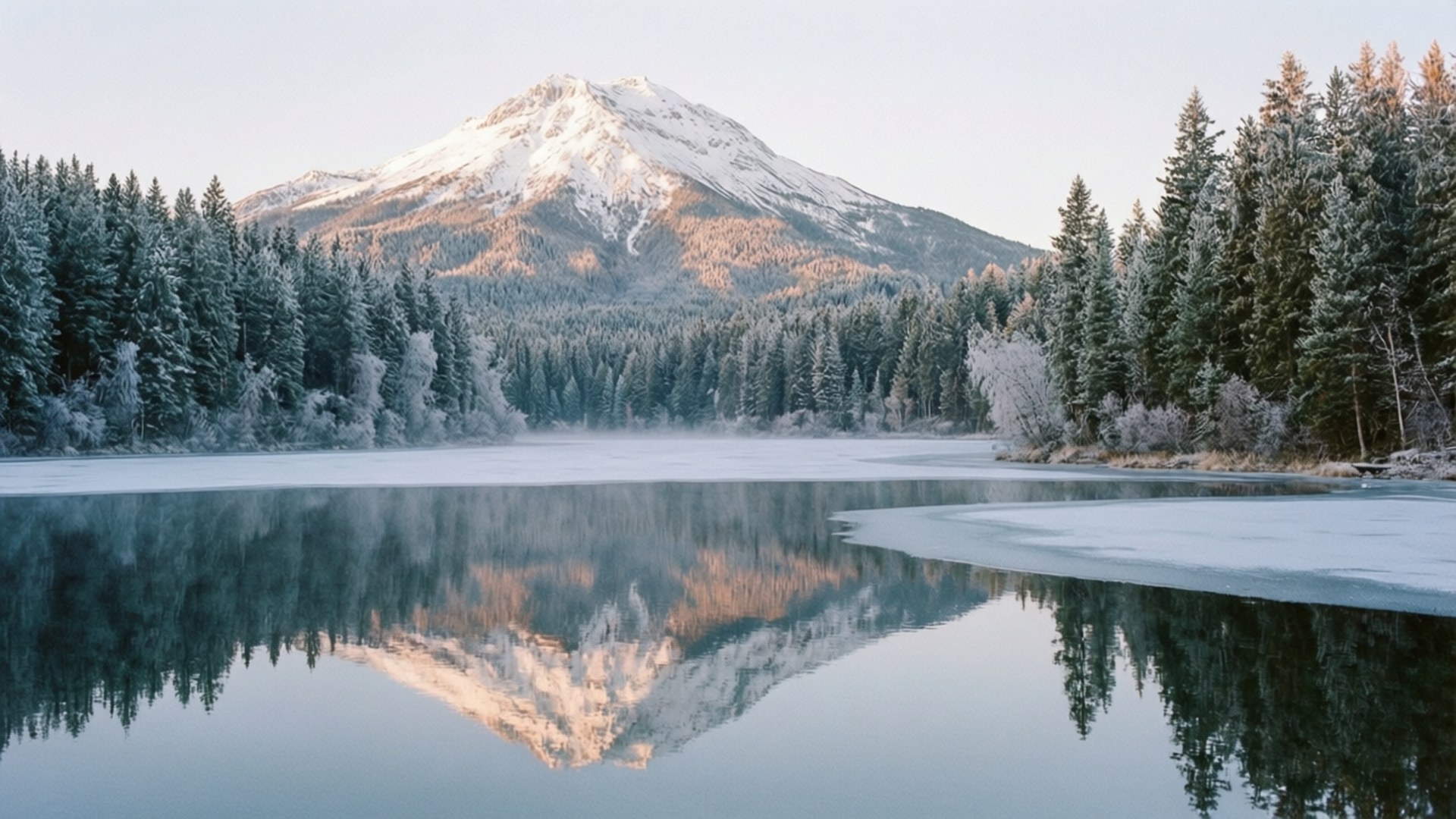 Frozen Lake Reflection 壁紙 — 黎明時分，一座積雪覆蓋的山峰完美地倒映在結冰的湖面上，周圍是結霜的常青樹。