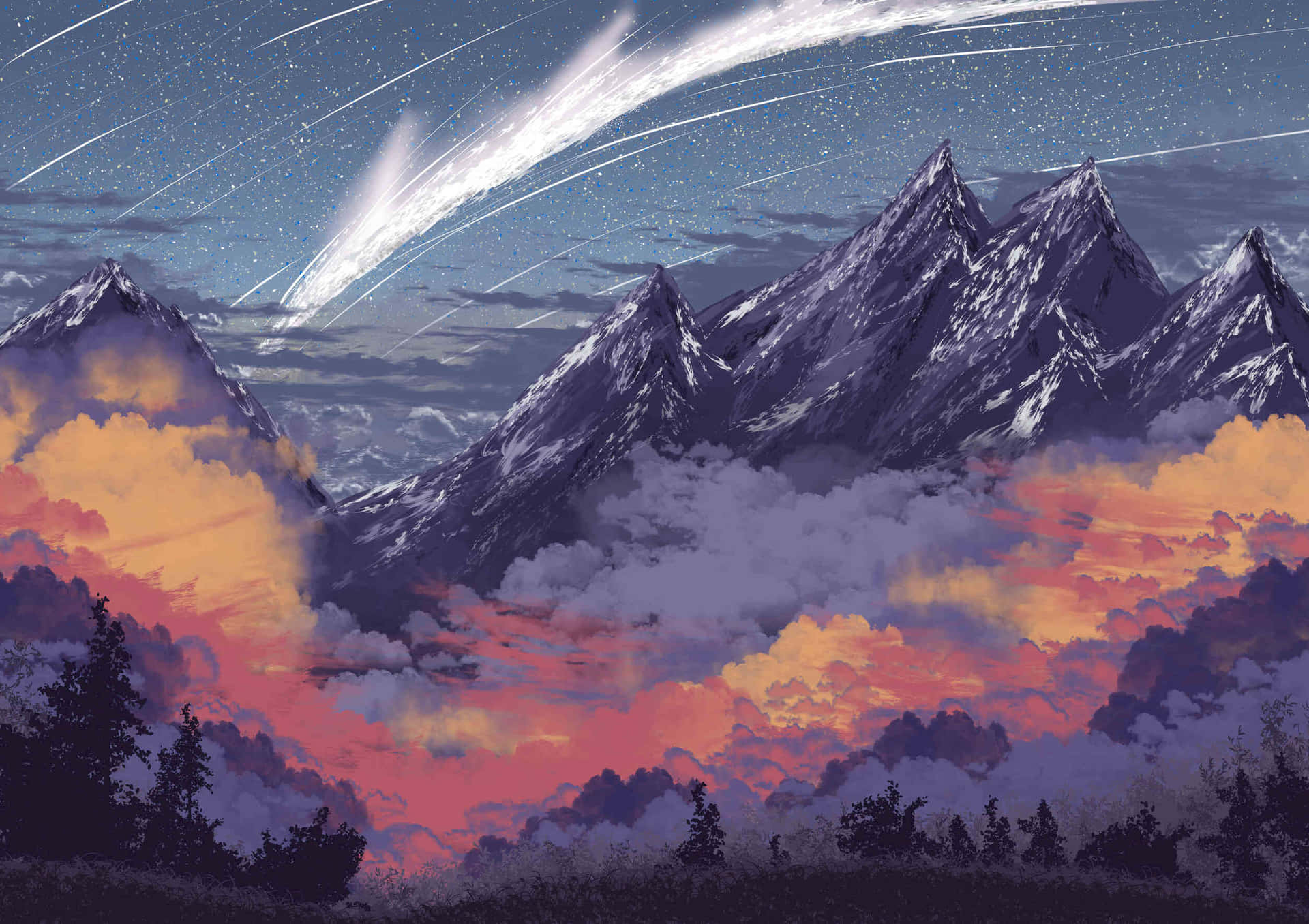  壁紙 — 積雪的山峰刺穿暮色天空，天空中有彗星尾跡和發光的橙色雲彩。
