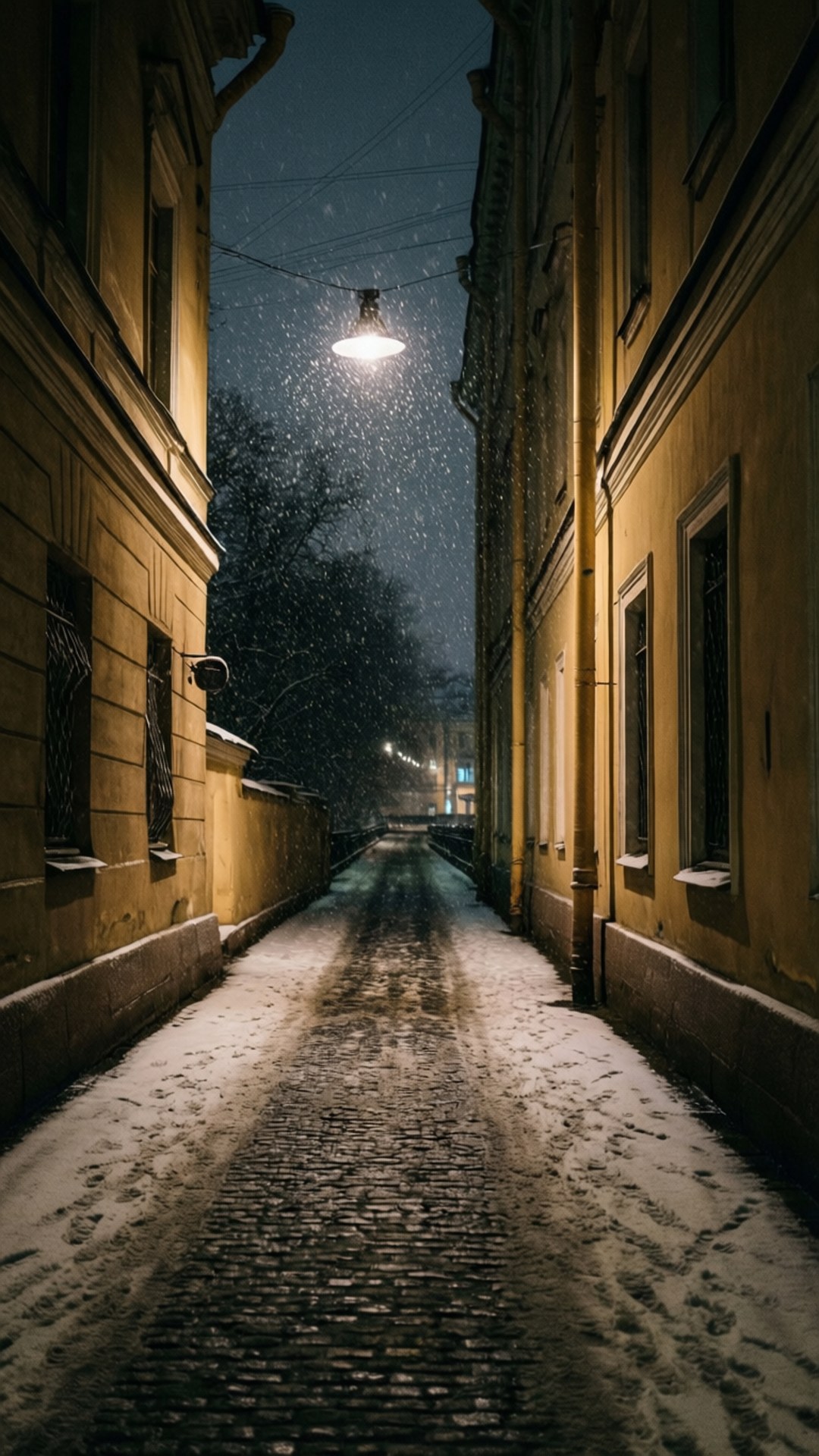 Snowy Canal Alley 壁紙 — 一場大雪覆蓋了一條狹窄的鵝卵石小巷，夜晚中，一盞溫暖的路燈照亮了兩旁風化的黃色建築之間。