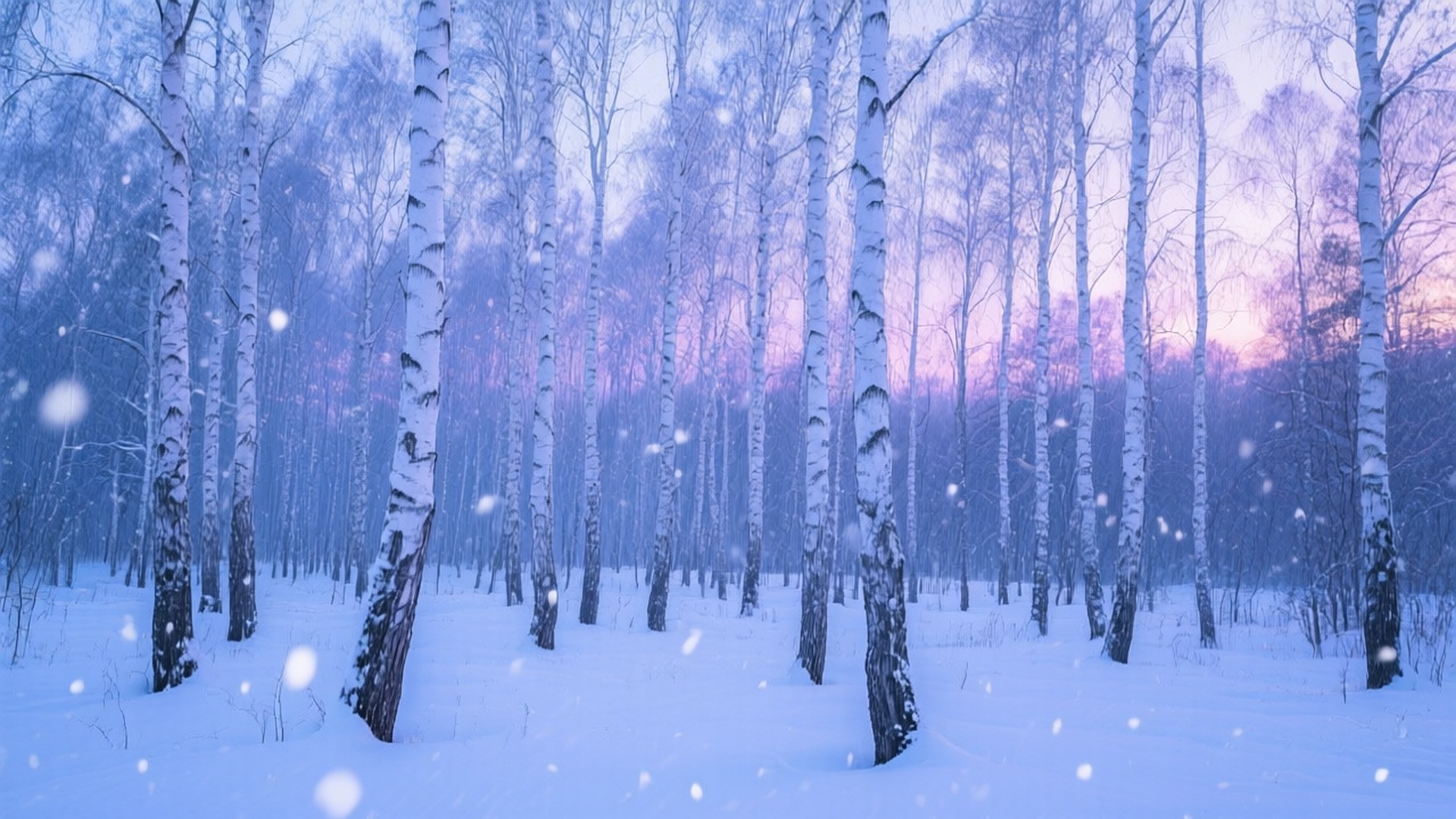 Russian Winter Birch 壁紙 — 雪花飄過寧靜的白樺林，沐浴在暮色柔和的紫藍色光芒中。
