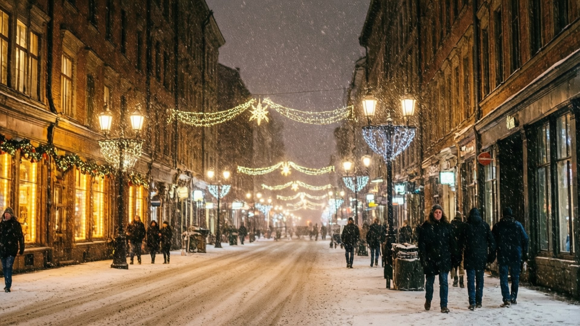 Festive City Street 壁紙 — 雪花在溫暖燈光照耀的歐洲街道上飄落，夜晚行人走在歷史建築之間懸掛的閃爍節日燈光下。