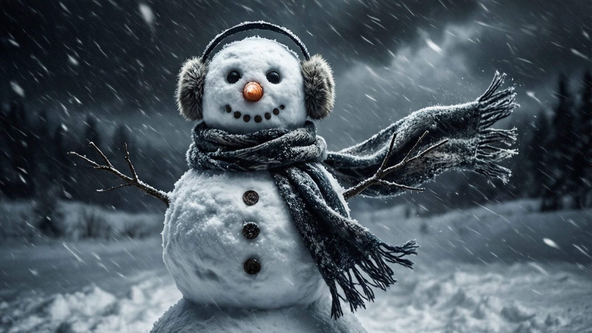 Blizzard Snowman Moody 壁紙 — 一個戴著耳罩和圍巾的雪人站在雪地森林中，天空飄著雪並有烏雲。