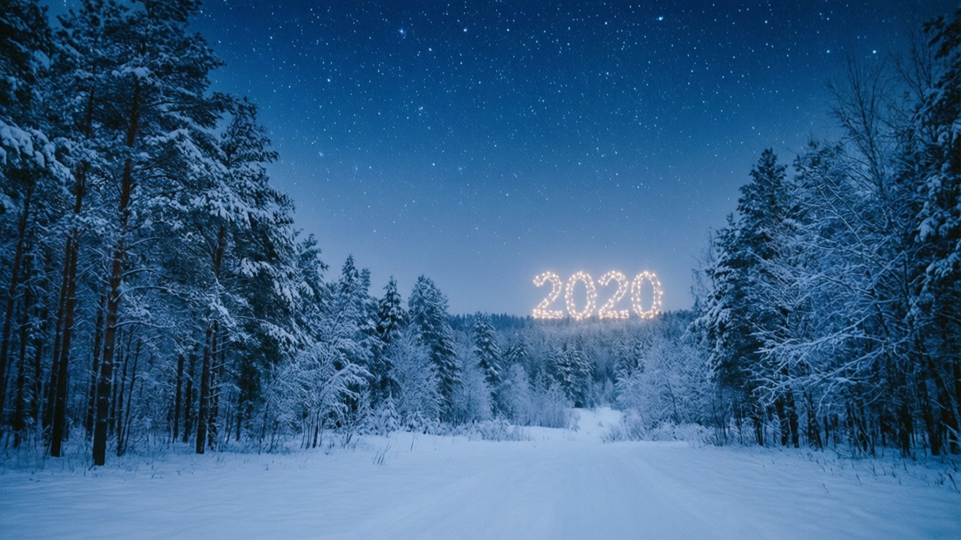Snowy Night 2020 壁紙 — 雪地森林小徑，星空下，發光的2020燈光漂浮在樹木上方。