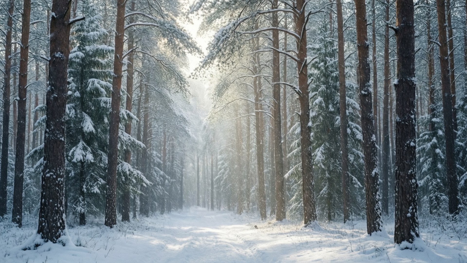 Snowy Pine Serenity 壁紙 — 一條白雪覆蓋的森林小徑蜿蜒穿過高聳的松樹，樹上灑滿了新雪，柔和的陽光穿過樹枝灑落下來。