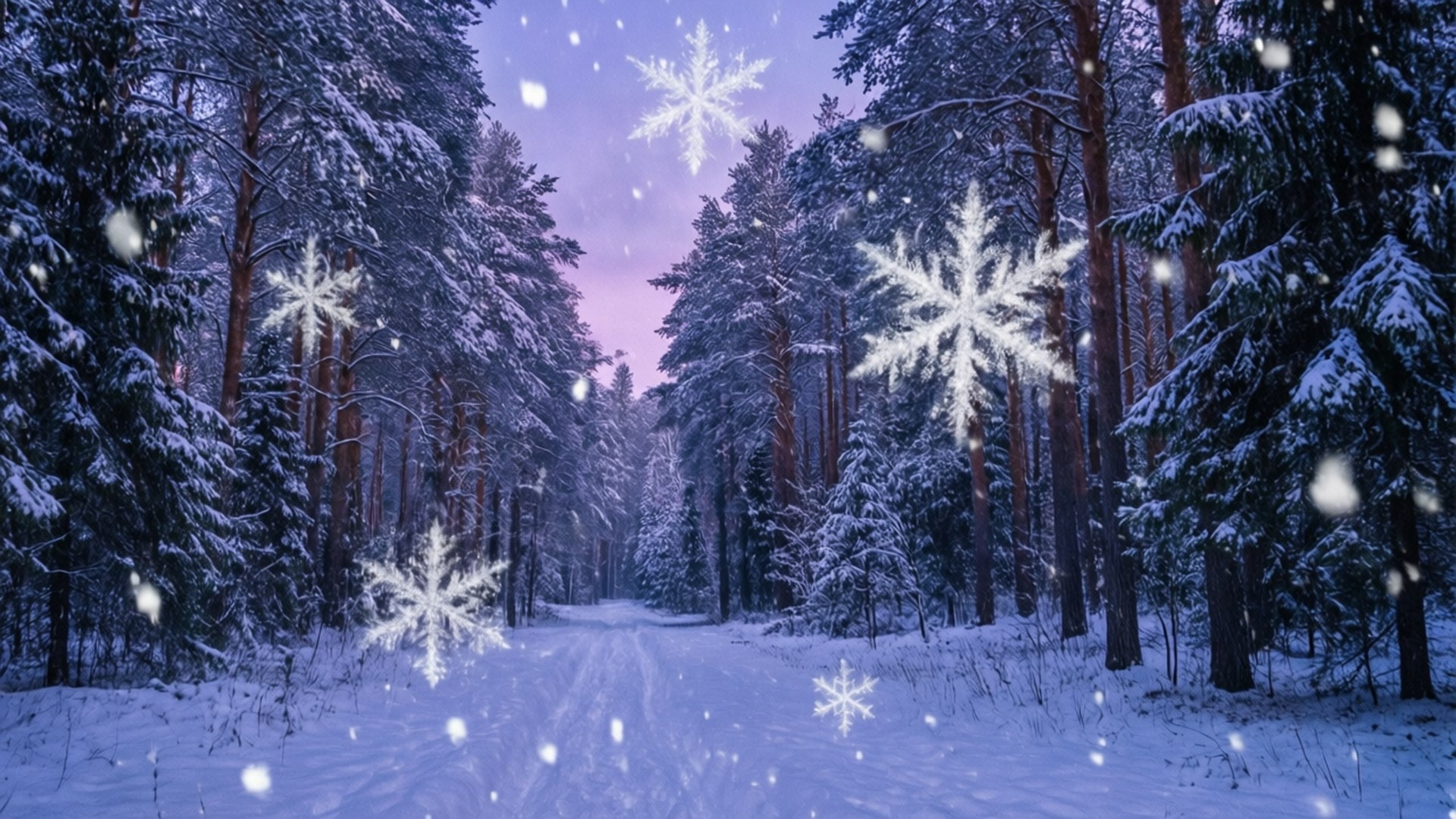 Magical Winter Forest 壁紙 — 一條積雪的森林小徑蜿蜒穿過高大的松樹，在紫色的暮色天空下，閃爍的雪花飄落。