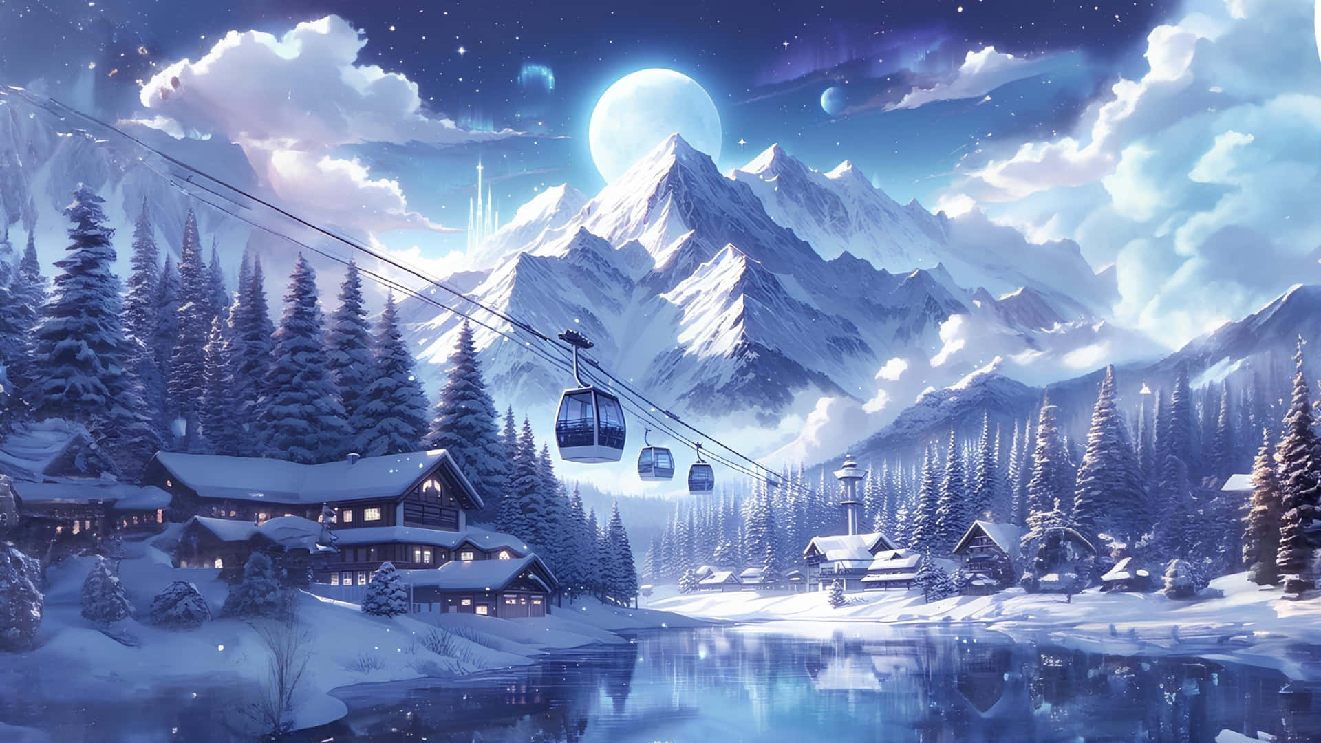  壁紙 — 一個被雪覆蓋的山村，在發光的月亮下，纜車在松樹上方滑行，平靜的湖面反射著星星。