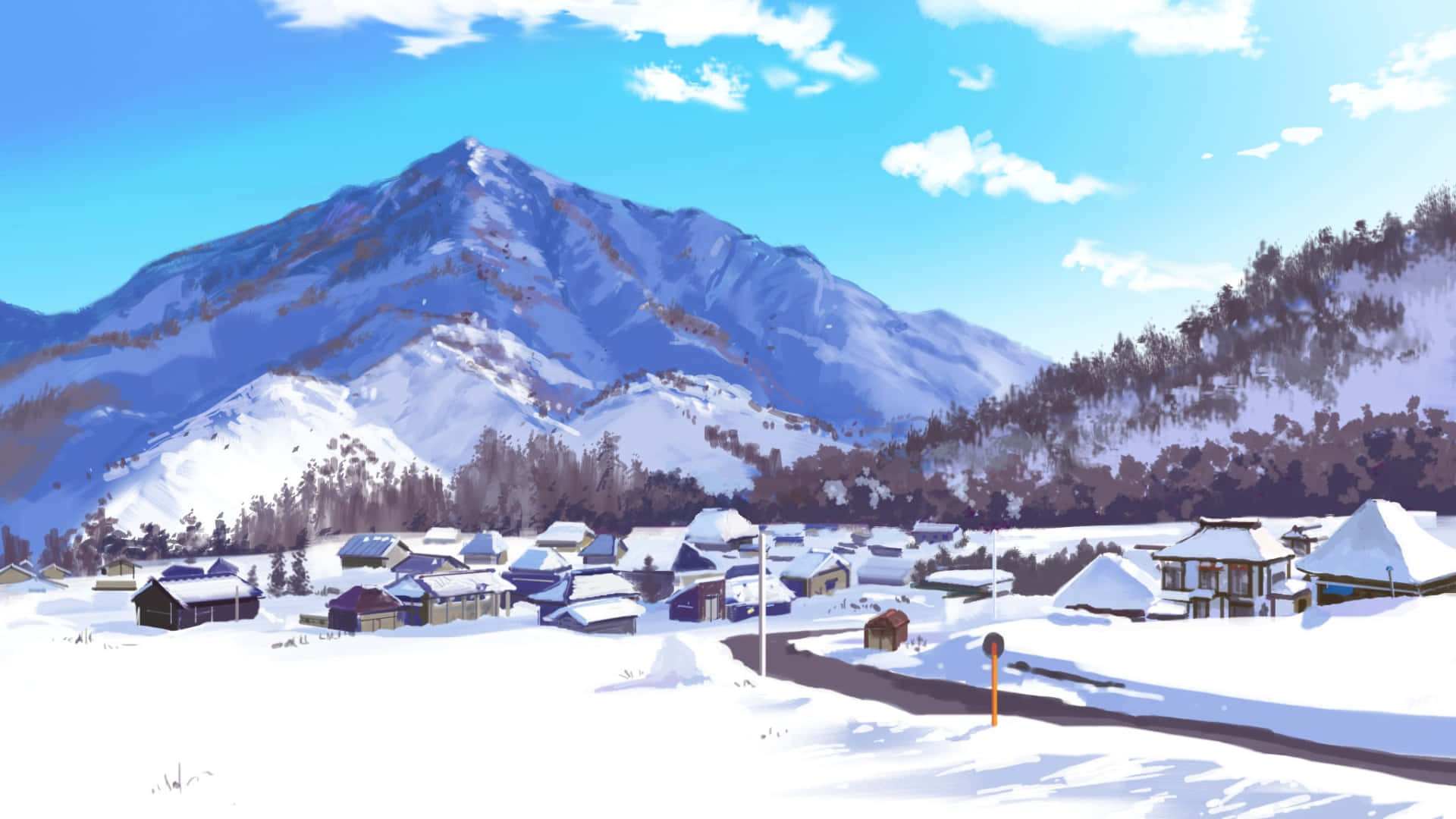  壁紙 — 一個寧靜的雪覆蓋村莊，坐落在高聳的藍色山腳下，天空晴朗明媚。
