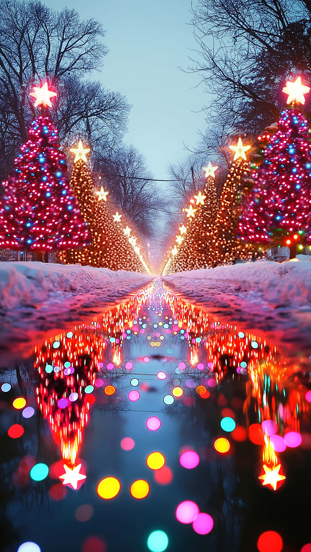 雪徑上發光的聖誕樹在暮色天空下的水坑中倒映 — 聖誕節 壁紙
