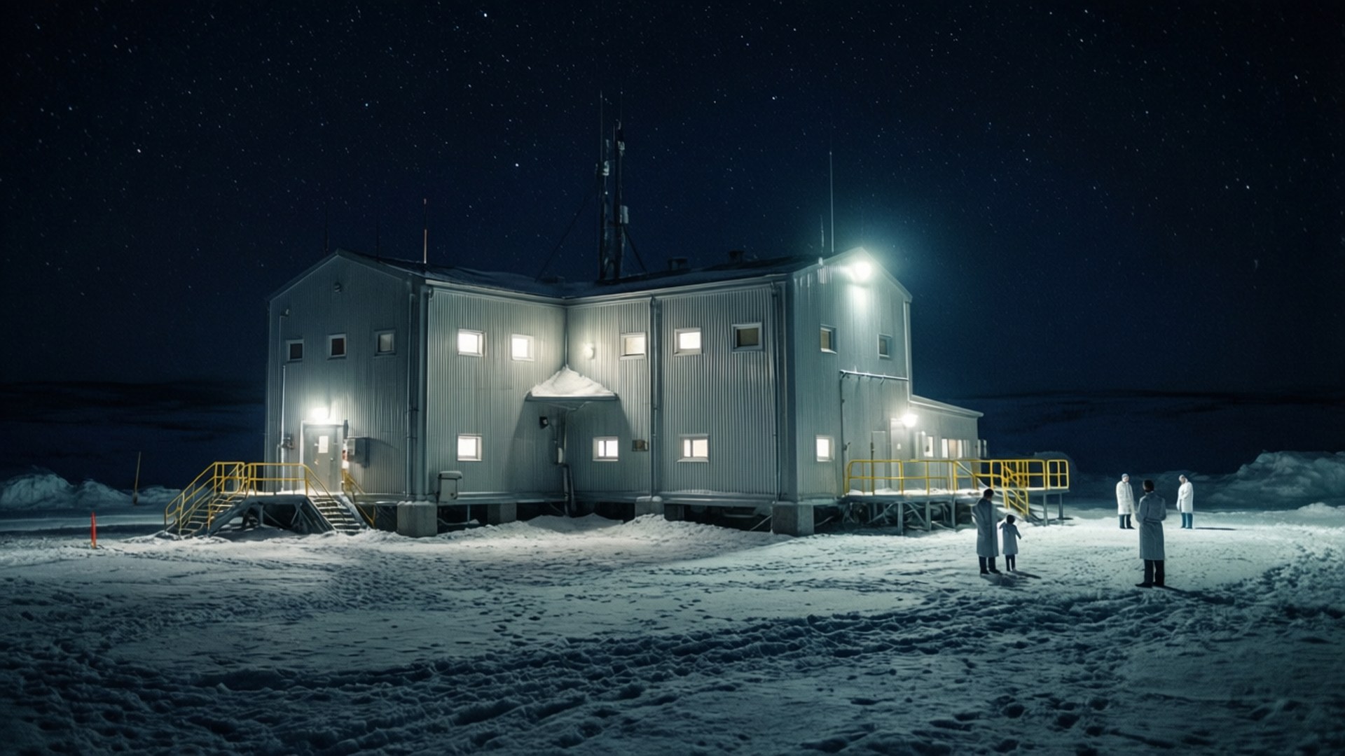 Antarctica 桌布 壁紙 — 一個積雪的研究站在繁星點點的夜空下發光，身穿白袍的科學家站在其明亮的窗戶外。