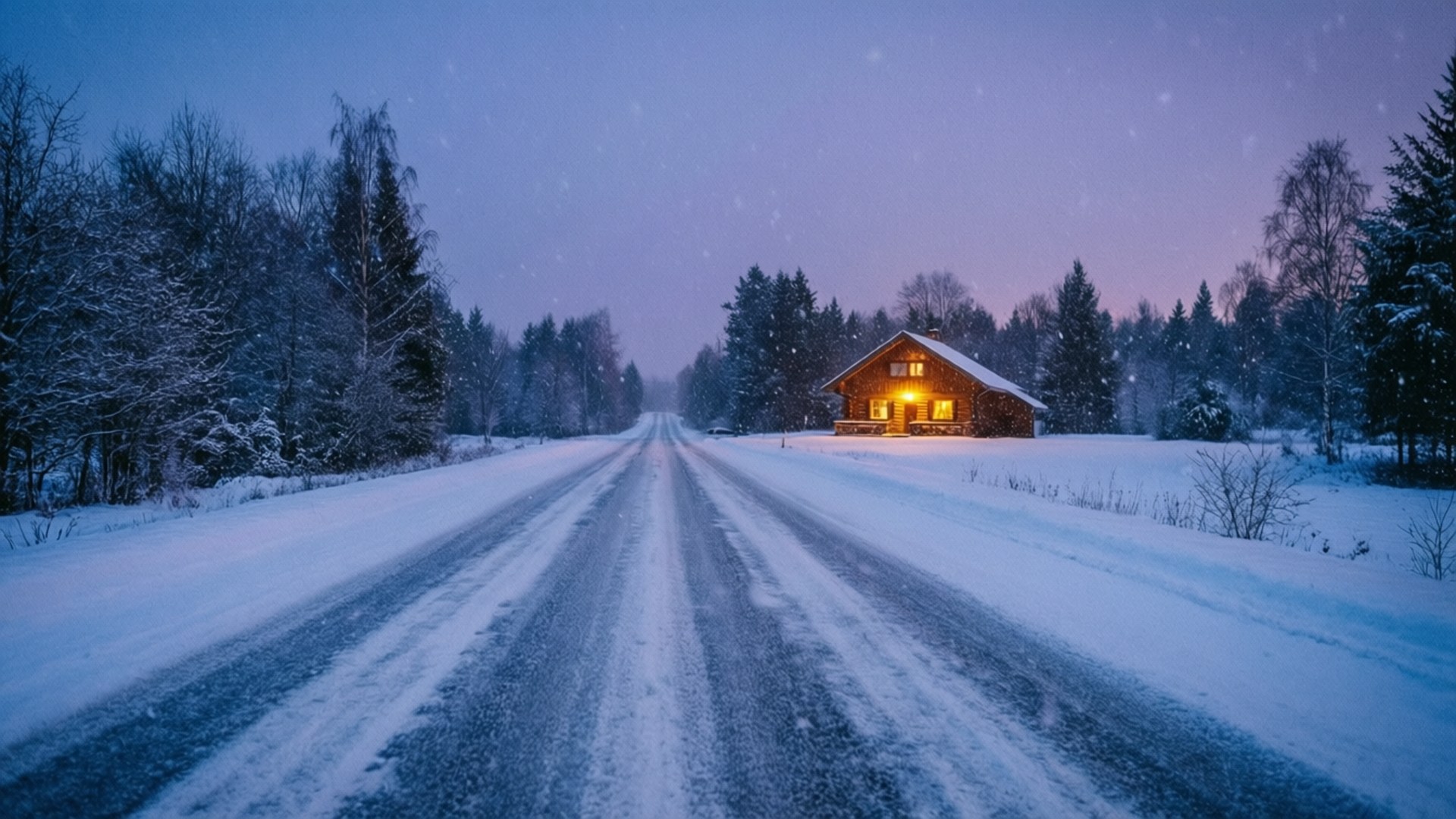Winter Snowy Road 壁紙 — 一條積雪的道路延伸向一間溫暖亮燈的木屋，坐落在暮色中積雪的樹木之間。