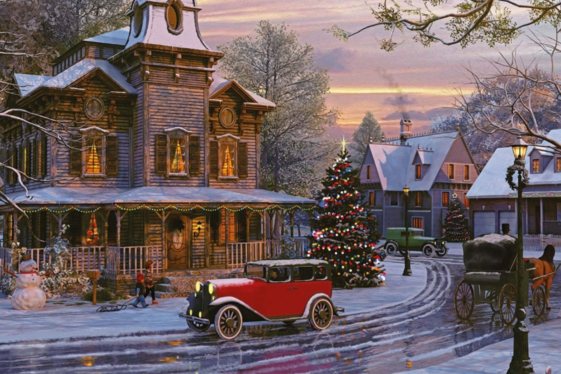  壁紙 — 一個白雪覆蓋的黃昏村莊場景，一輛紅色復古車停在裝飾好的聖誕樹和溫暖燈光的維多利亞式房屋附近。