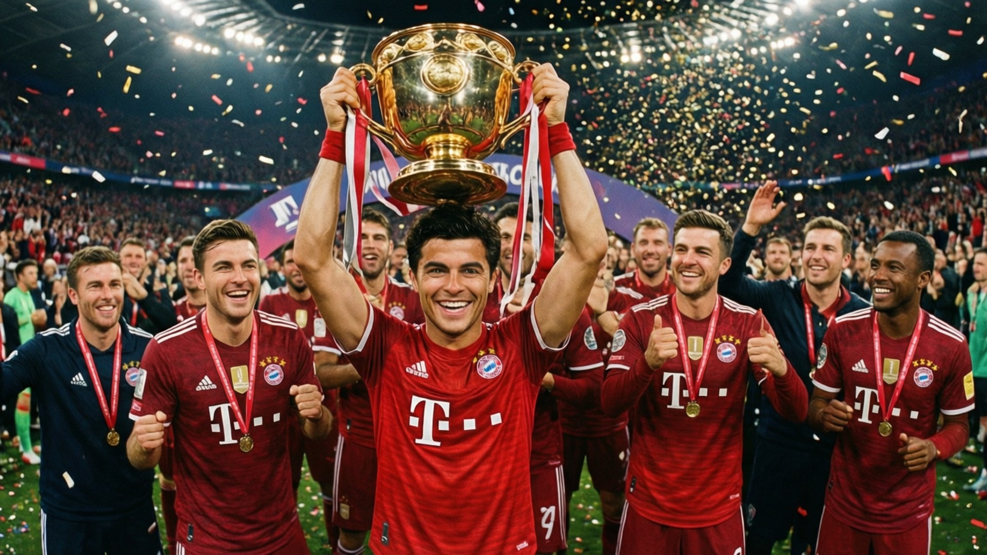 Trophy Lift 壁紙 — 一支身穿紅色球衣的足球隊在體育場上勝利慶祝，周圍灑落五彩紙屑，他們高舉一個巨大的金色獎盃。