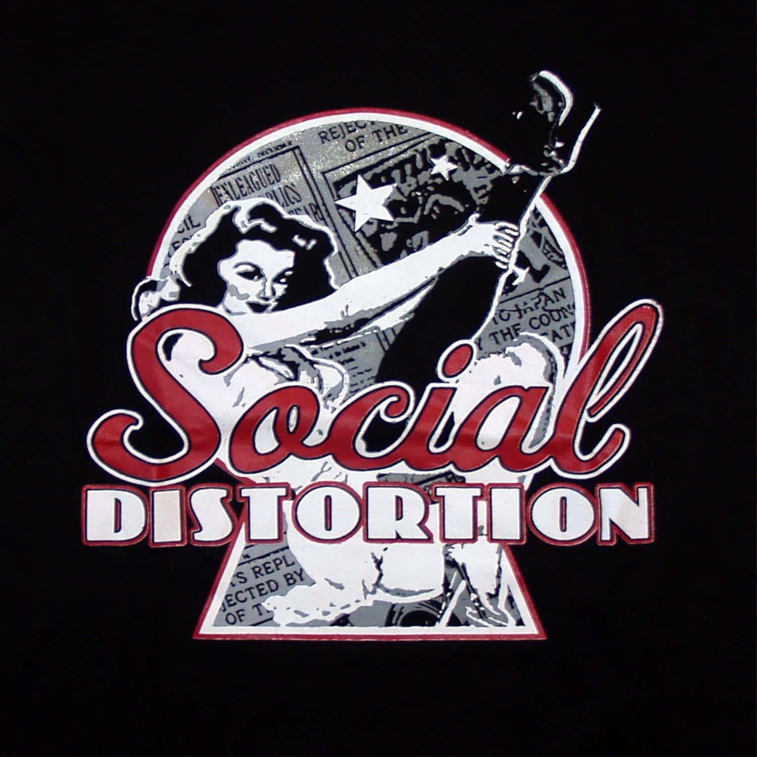 Black And Red 桌布 壁紙 — Social Distortion 的大膽圖形標誌，特色是一個風格化的女人在報紙拼貼背景前舉著旗幟。