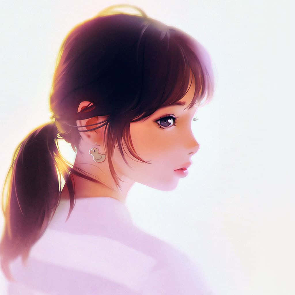  壁紙 — 一個柔和動漫風格的女孩，棕色馬尾辮和鴨子耳環，在發光的白色背景下若有所思地凝視。