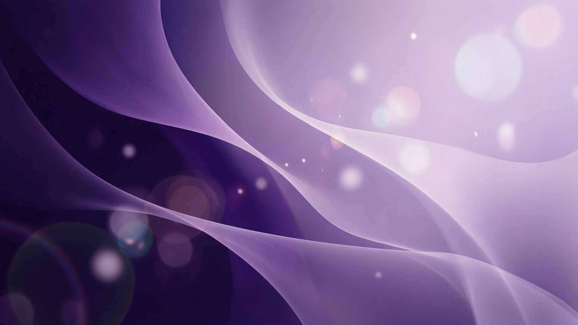 Violet Gradient Flow 壁紙 — 柔軟流動的紫色波浪與發光散景燈光營造出夢幻空靈的氛圍。