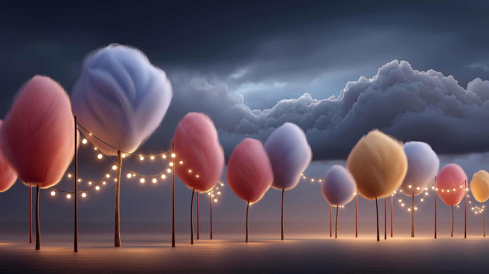 棉花糖樹在暴風雨夜空下閃爍著串燈 — Pastel 壁紙