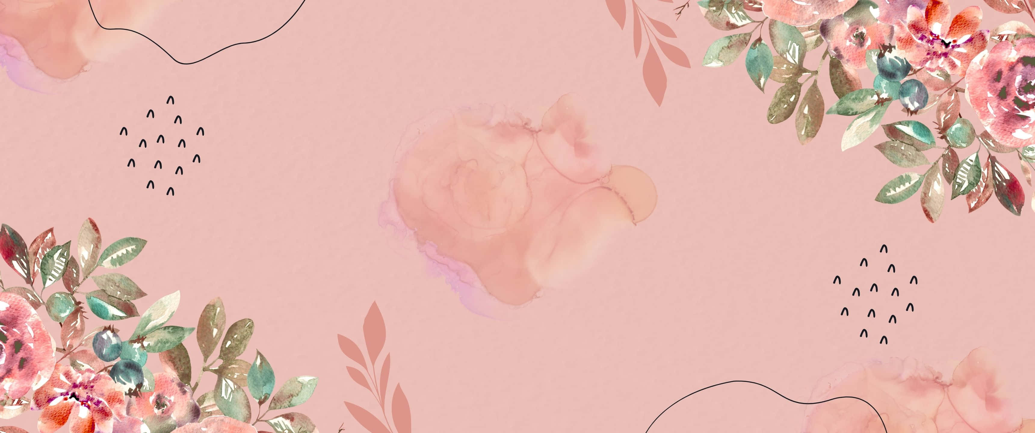 粉紅色水彩花卉圖案，帶有抽象葉片點綴和柔和筆觸。 — 3440X1440 壁紙