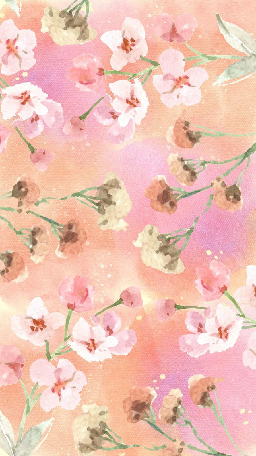  壁紙 — 柔和的水彩花朵在夢幻的蜜桃與粉紅漸變天空中飄蕩。