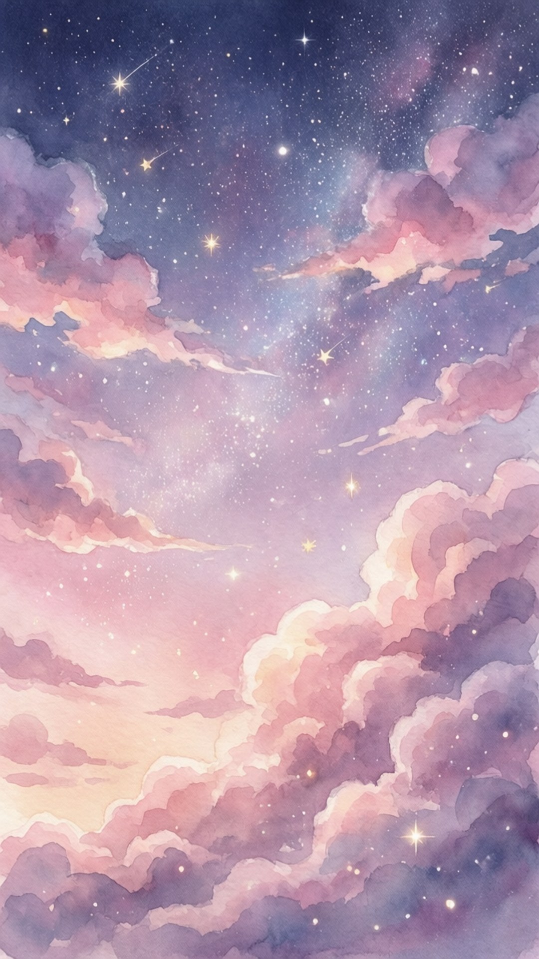 Pastel Dream Stars 壁紙 — 柔和的水彩雲朵在粉紅色和紫色中飄浮，下方是星光閃爍的夜空，帶有發光的天體。