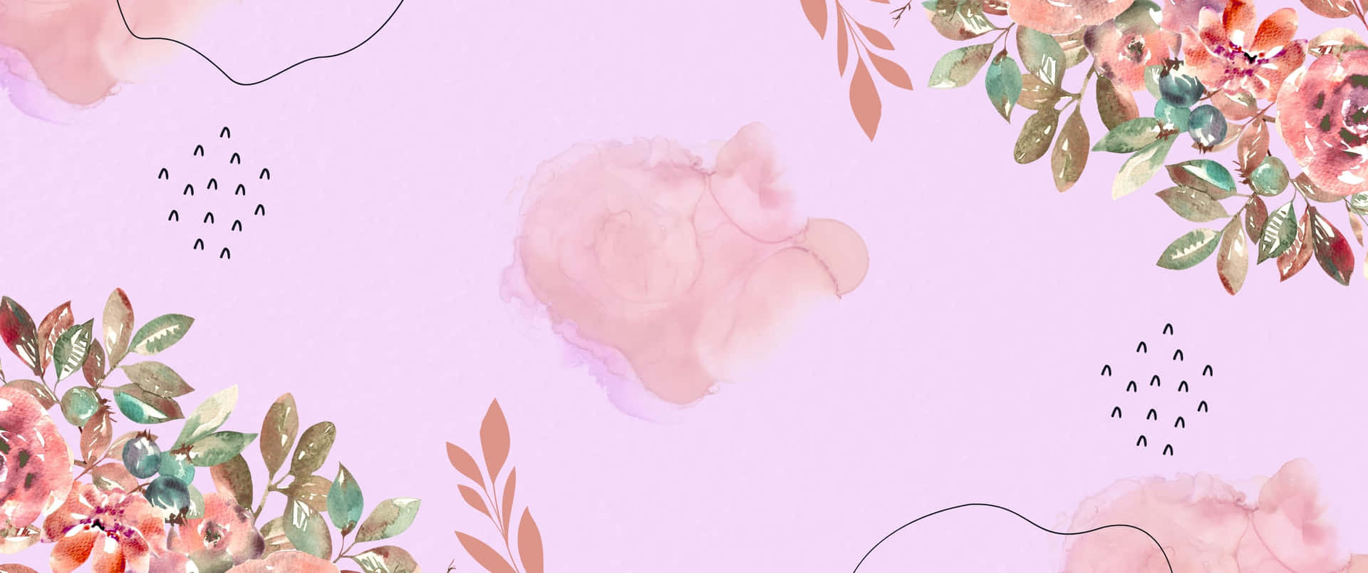 粉彩薰衣草背景，帶有水彩花卉角落和抽象形狀。 — 3440X1440 壁紙