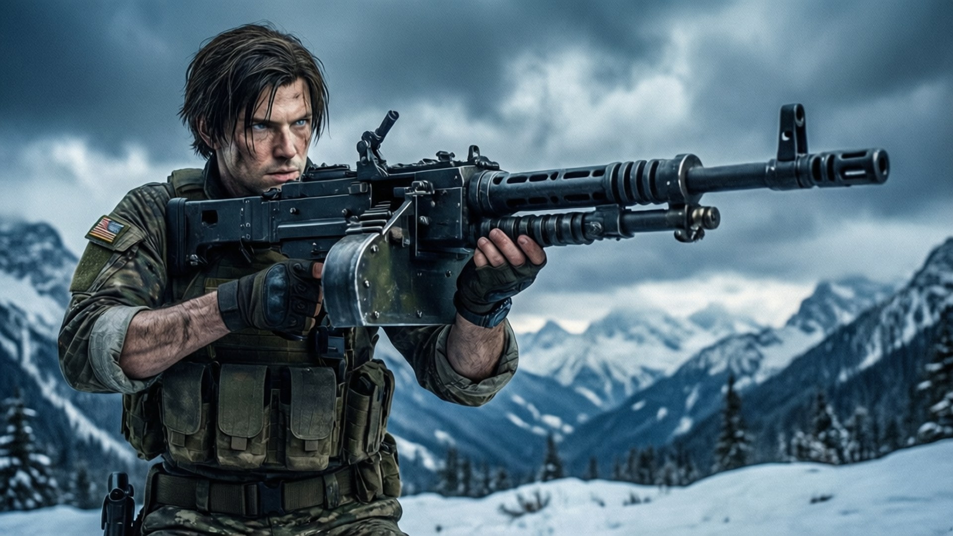Chris Redfield Snow Assault 壁紙 — 一名身穿迷彩裝備的士兵在暴風雨天空下，以白雪覆蓋的山脈為背景，瞄準重型機槍。
