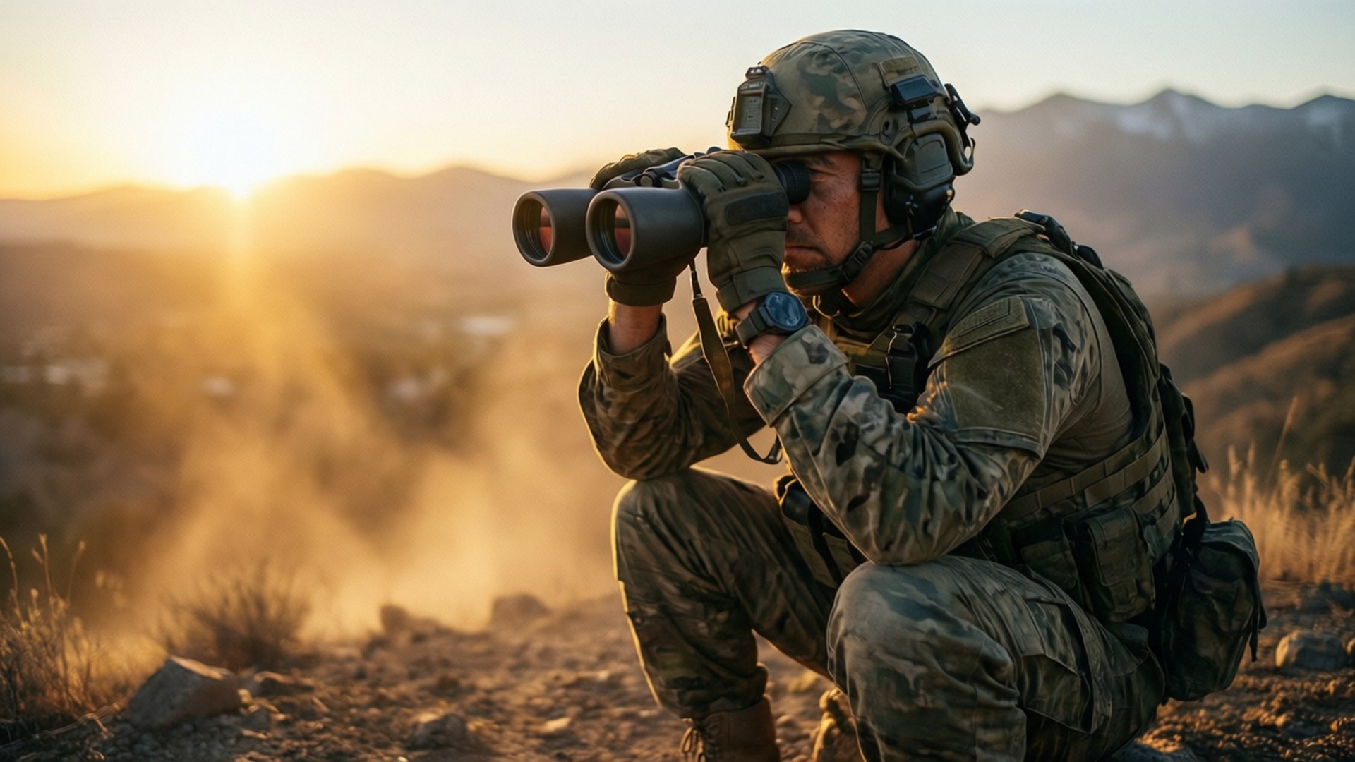 Forward Observation Group 桌布 壁紙 — 一名身穿迷彩服的士兵蹲在陽光照耀的山坡上，用雙筒望遠鏡掃視日出時遠處的山谷。