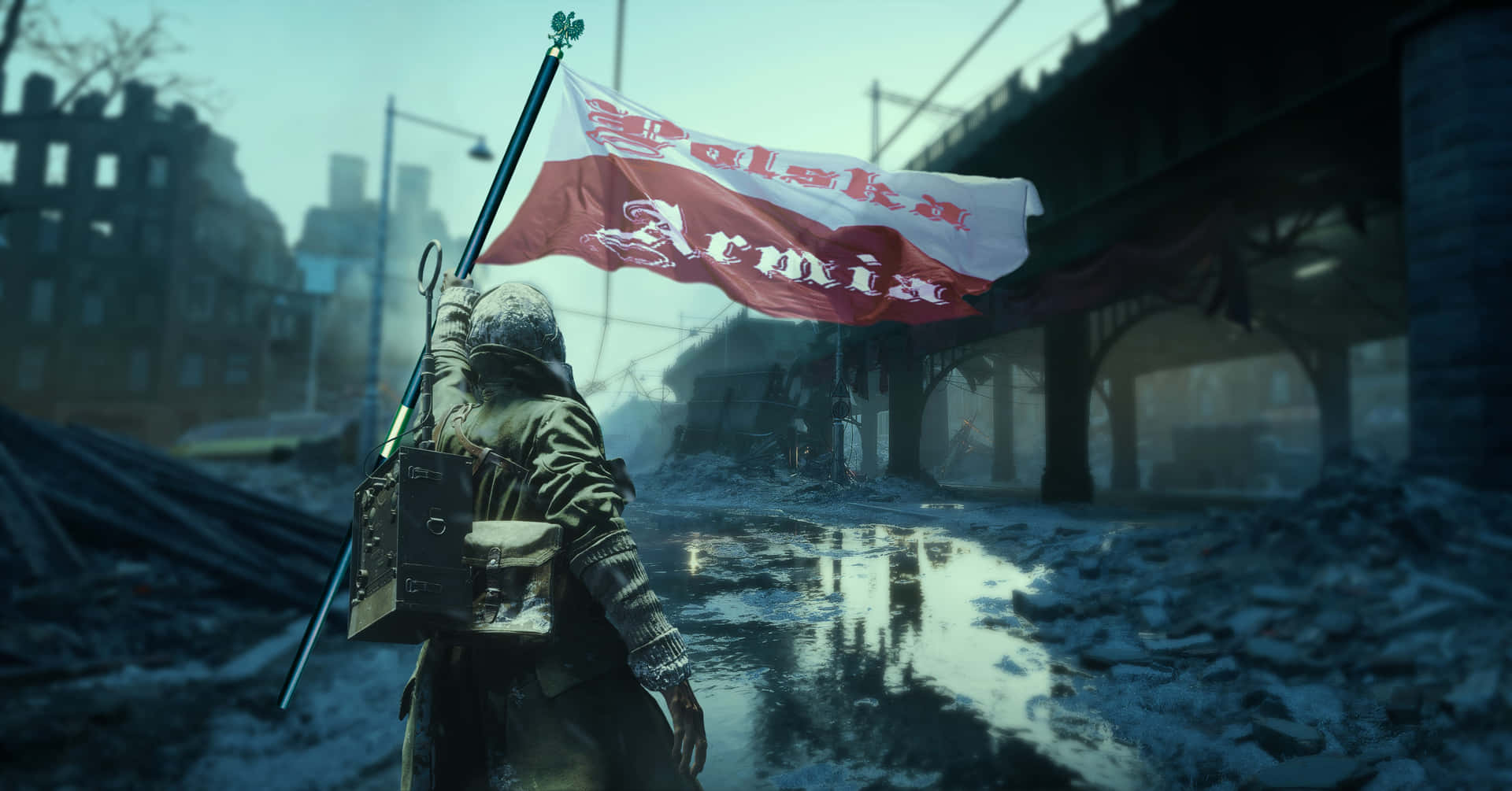  壁紙 — 一名士兵在廢墟城市景觀中，在陰沉天空下穿過雪地和瓦礫，攜帶波蘭軍隊旗幟。