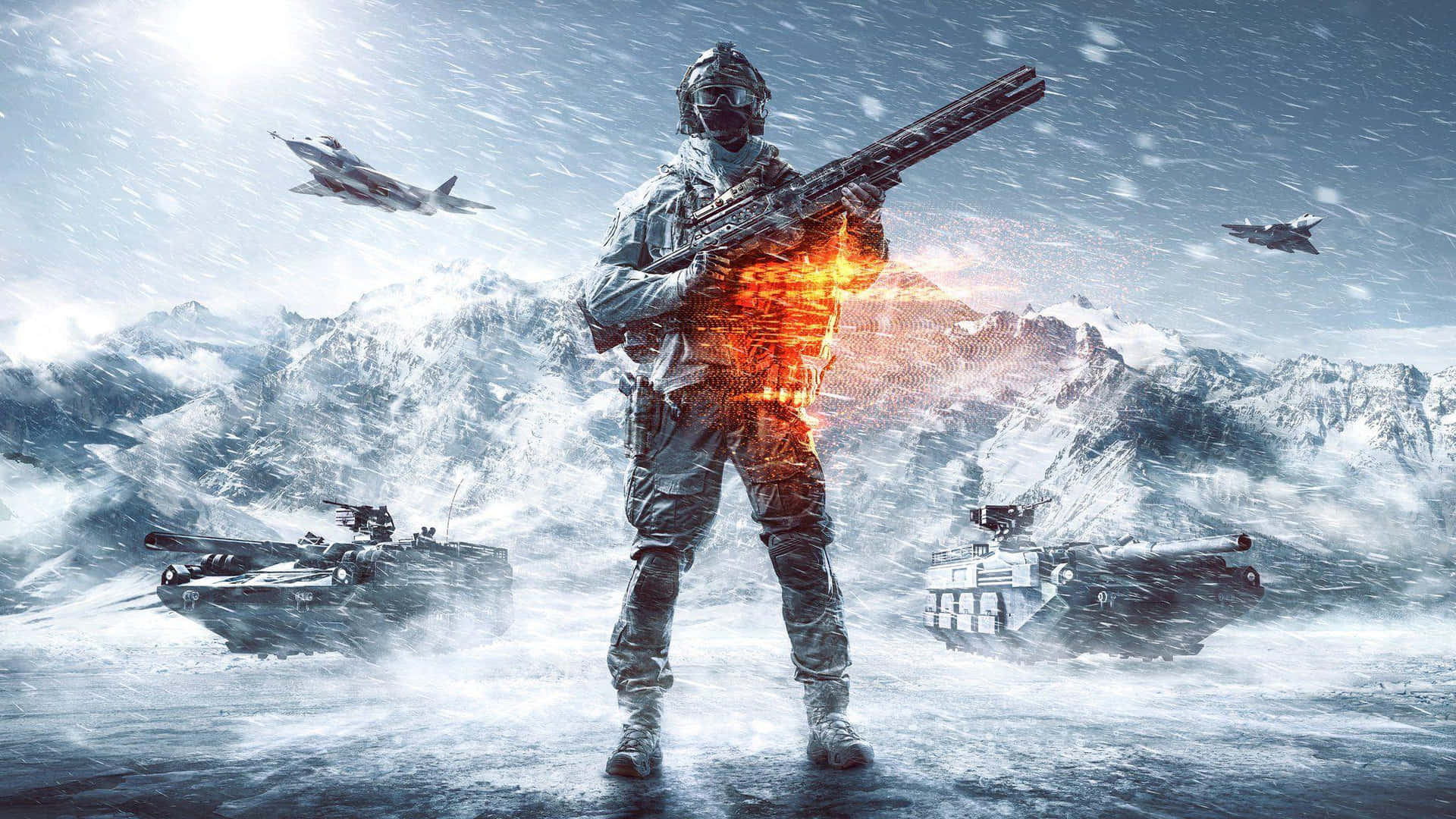  壁紙 — 一名士兵在冰凍的山地戰場上，於暴風雪中發射燃燒的武器，伴隨著坦克和噴射機。
