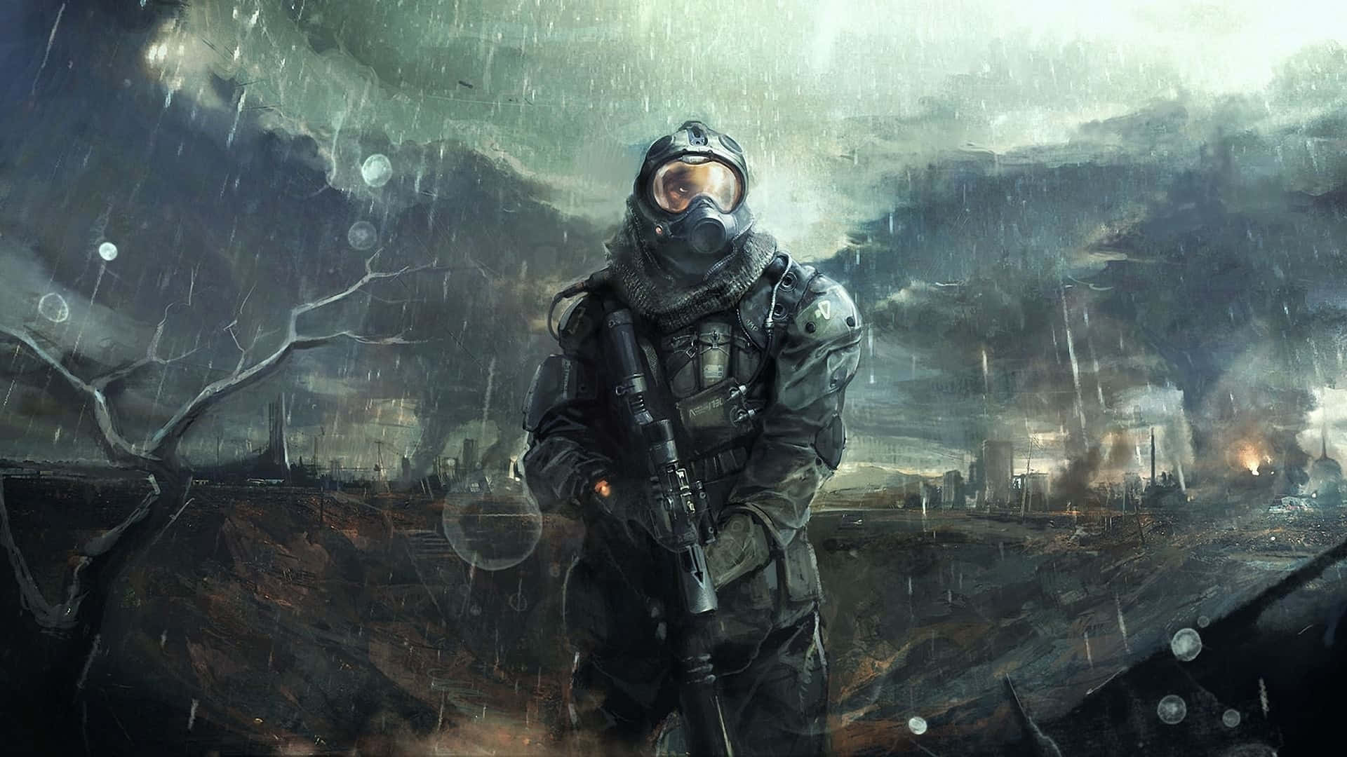  壁紙 — 一名全副武裝的士兵獨自站在暴雨中、廢墟般的城市景觀中，天空風暴肆虐。