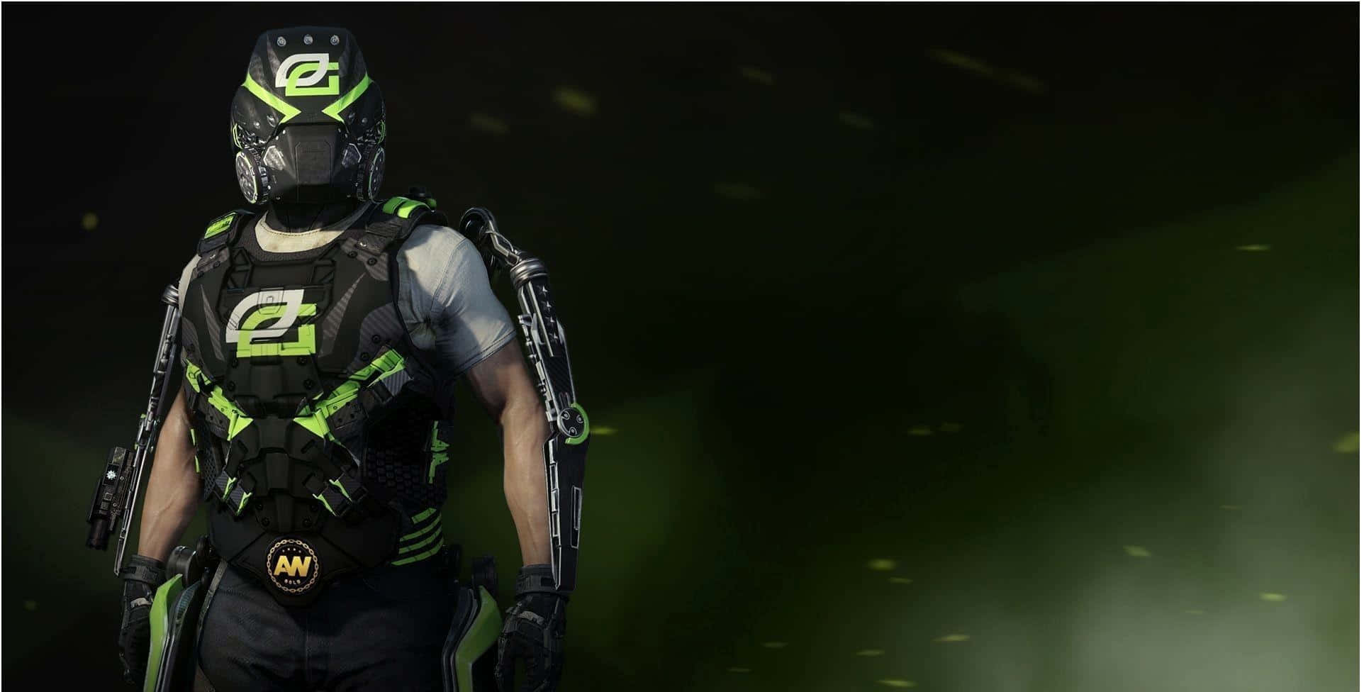 Optic Gaming 桌布 壁紙 — 一名身穿黑色和螢光綠色戰術裝備的士兵站在昏暗的綠色煙霧中，周圍漂浮著發光的粒子。