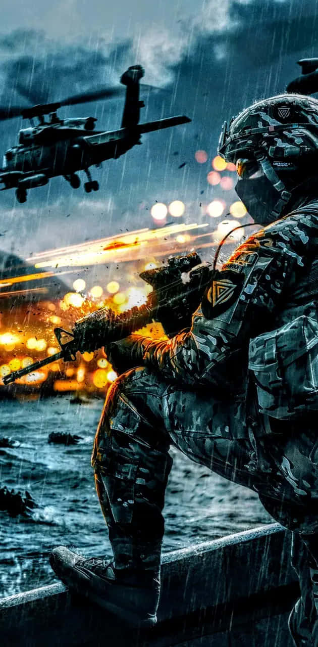  壁紙 — 一名身穿迷彩裝備的士兵在雨夜中手持步槍，一架直升機飛過燈火通明的城市上空。