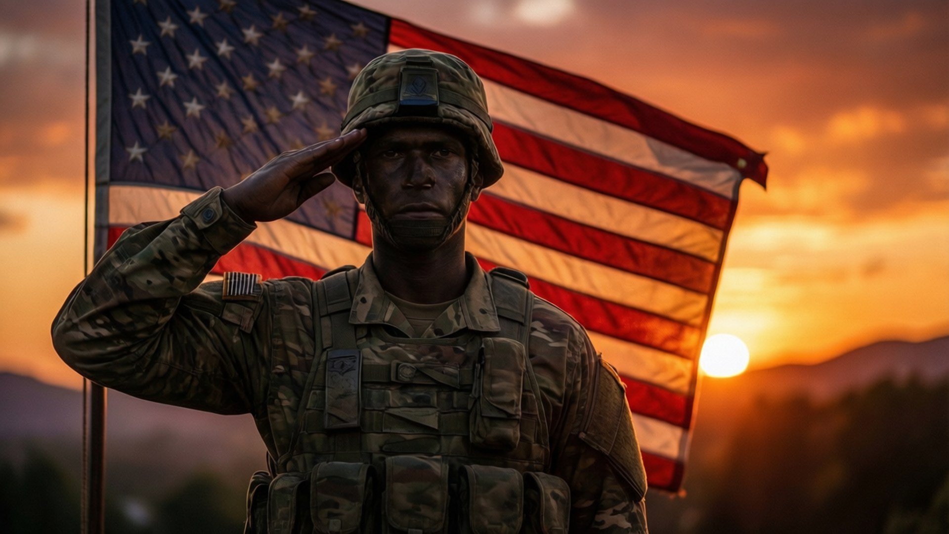 Sunset Salute 壁紙 — 一名身穿迷彩服的士兵在日落時分，在飄揚的美國國旗前莊嚴敬禮。