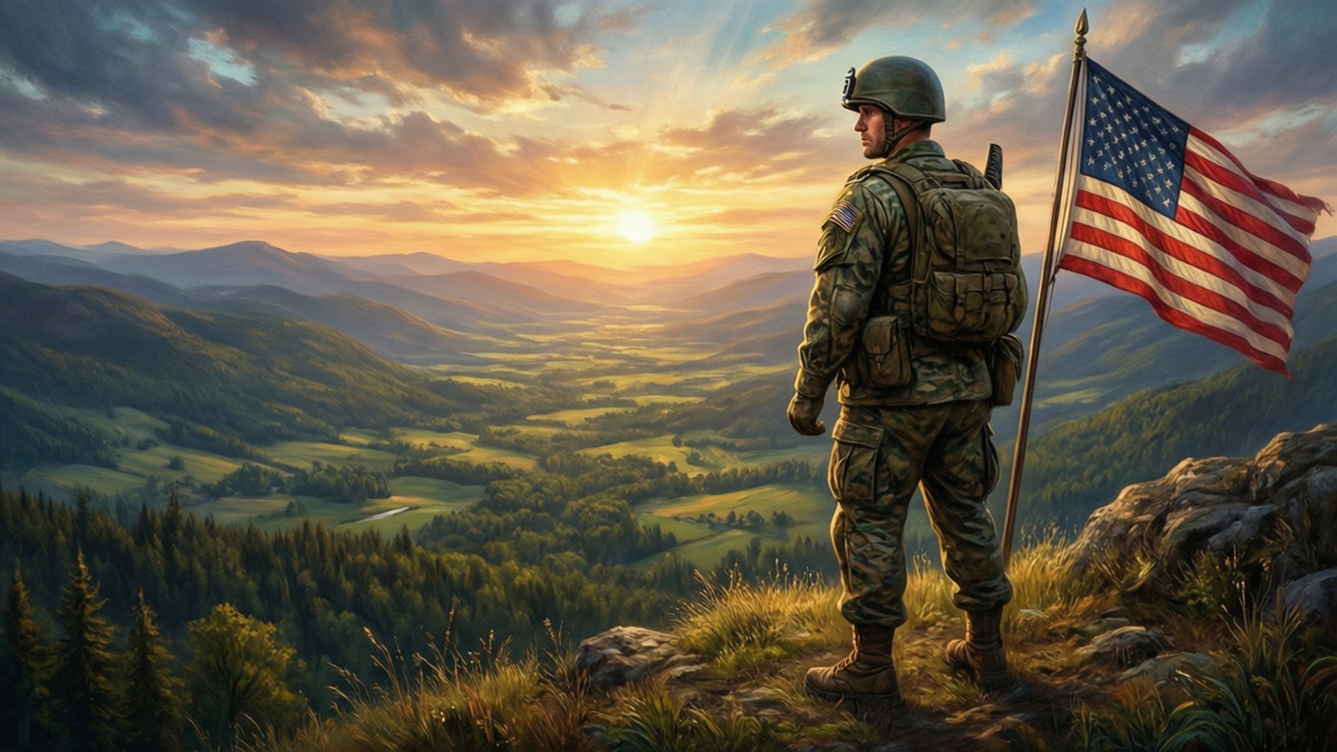Guardian of the Land 壁紙 — 一名身穿迷彩服的士兵在日出時站在岩石山上，手持美國國旗，俯瞰廣闊的山谷，山谷中有連綿起伏的綠色山丘和遠處的山脈。