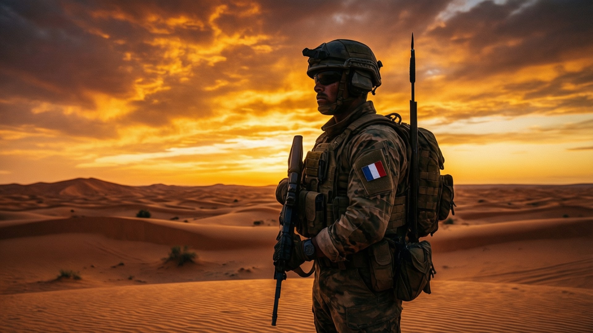 French Armed Forces 桌布 壁紙 — 一名全副武裝的士兵獨自站在夕陽下的沙漠中，熾熱的橙色雲彩在起伏的沙丘上方翻滾。